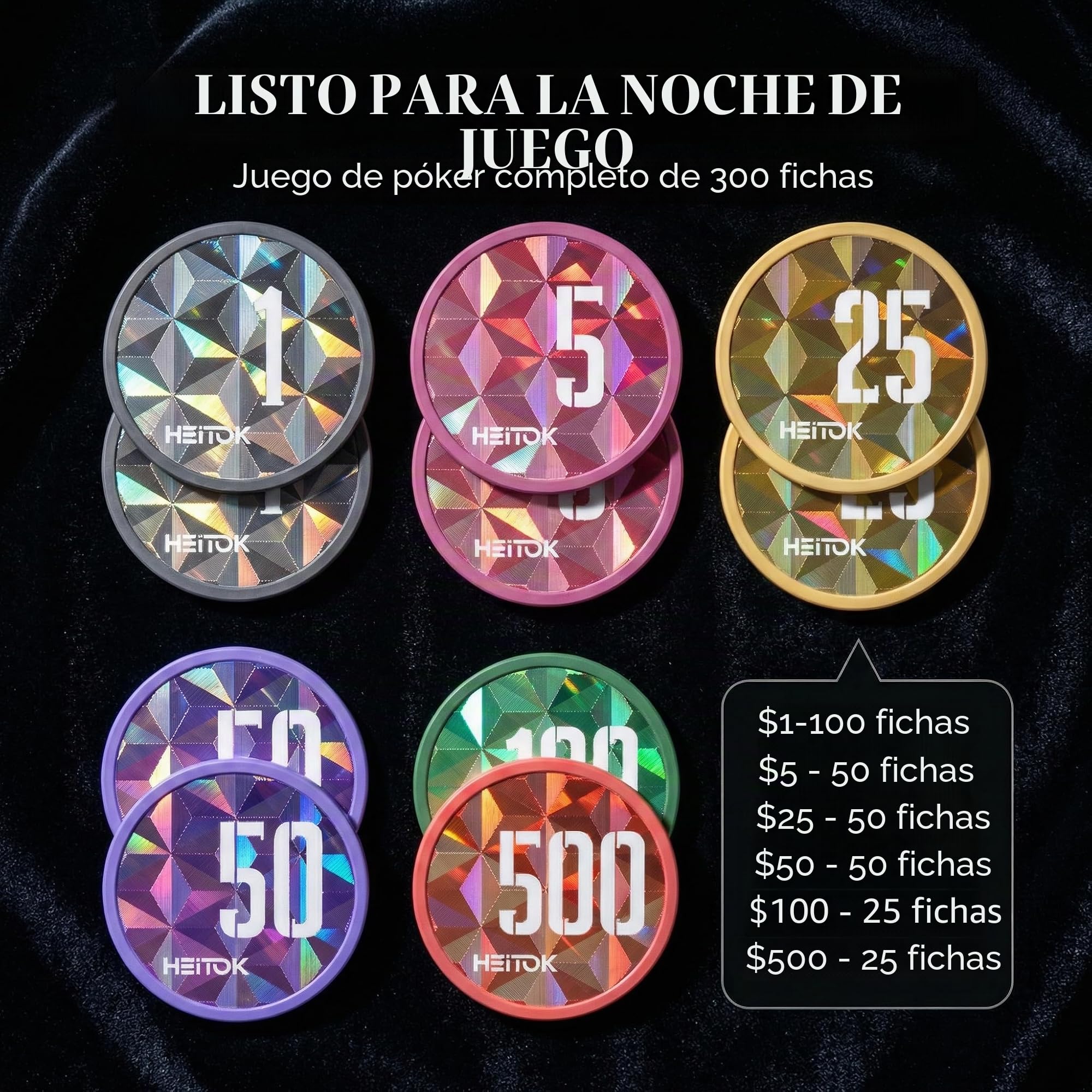 HEITOK Maletín de Póker 300 Fichas Numeradas 11.5g Peso Casino - Set Texas Hold'em con Estuche de Aluminio, Barajas, Dados y Botón Dealer de Metal para Noches de Juego Adultos | 11.5g, núcleo de hierro, valores numerados, 2-8 jugadores, maletín de alumini