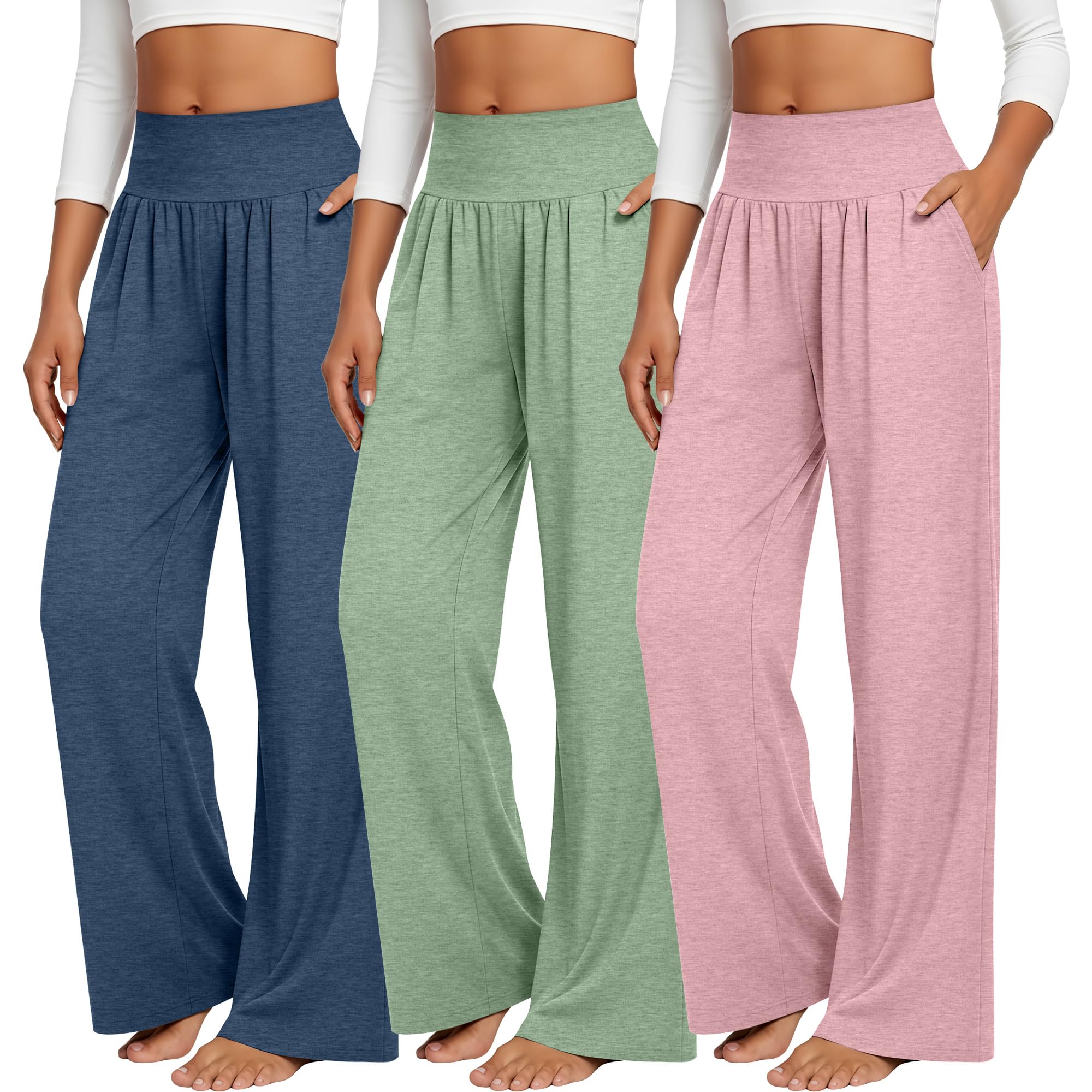 Neer Lot de 3 Pantalons de Yoga Larges pour Femmes Confortables et Élégants avec Poches et Taille Élastique Bas Ouvert