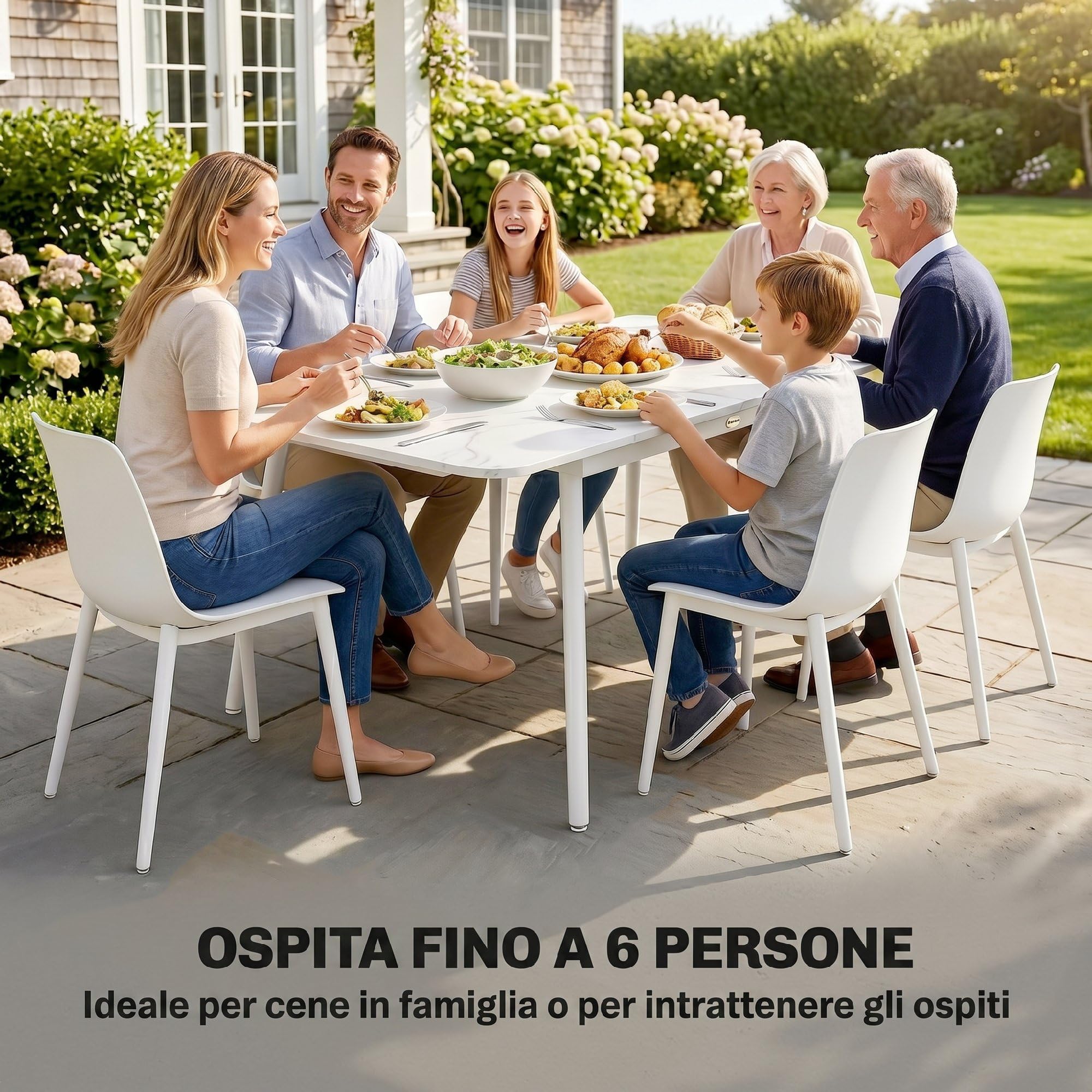 Outsunny Tavolo da Giardino per 6 Persone 140x80 cm Rettangolare Bianco | Tavolo da Pranzo Esterno, Piano in Composito Legno-Plastica Effetto Marmo, Struttura in Metallo, per Patio Terrazzo