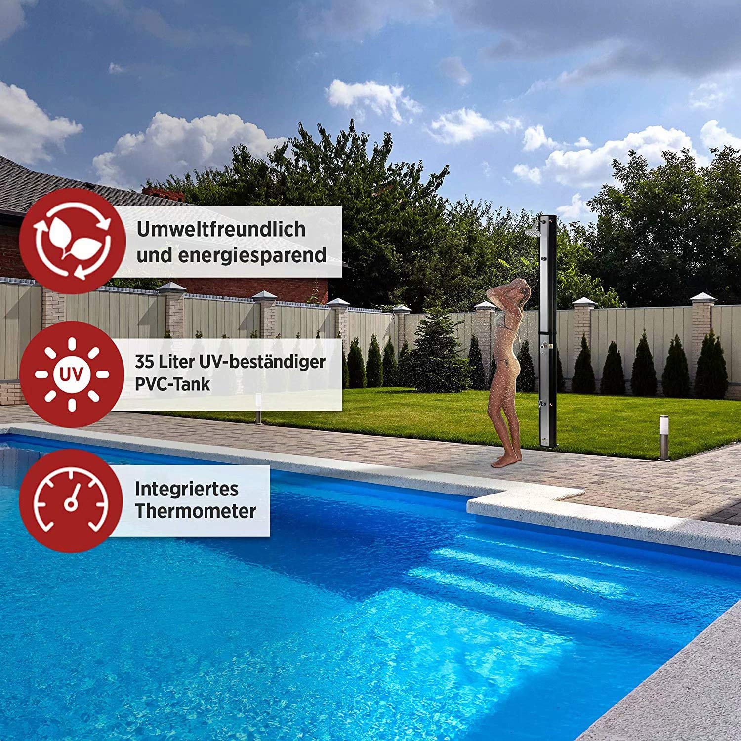 CanKun Solardusche 35L, Gartendusche Max. 60°C Solardusche Garten Mit Integriertem Thermometer & Fußdusche Gartendusche Solar Gartendusche Aussendusche