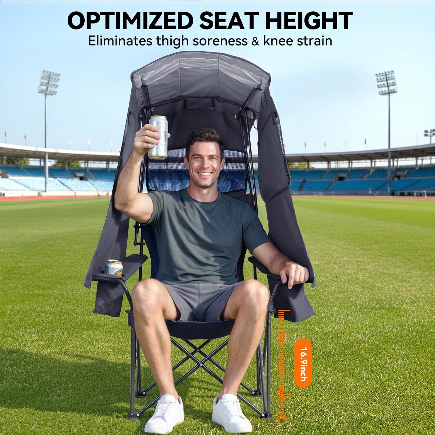 Camping Chair with Canopy Shade - Folding Beach Chair with UPF 50+ Sun Shade, Cup Holder, Side Pocket, Portable Sports Chair for Adults Support 330 LBS, Fishing Camp Outdoor Lawn Chair - Grey