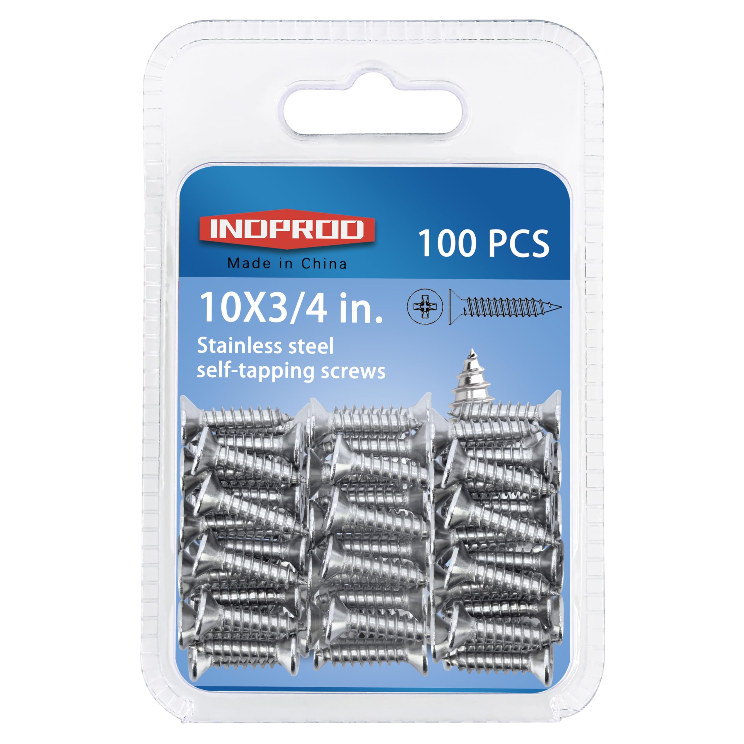 INDPROD #10 × 3/4" Flat Head Phillips Wood Screw, Flat Head Self Tapping Screw Sheet Metal Screws Wood Screws, Stainless Steel 304 (18-8), 10 × 3/4-Inch, 100Pcs