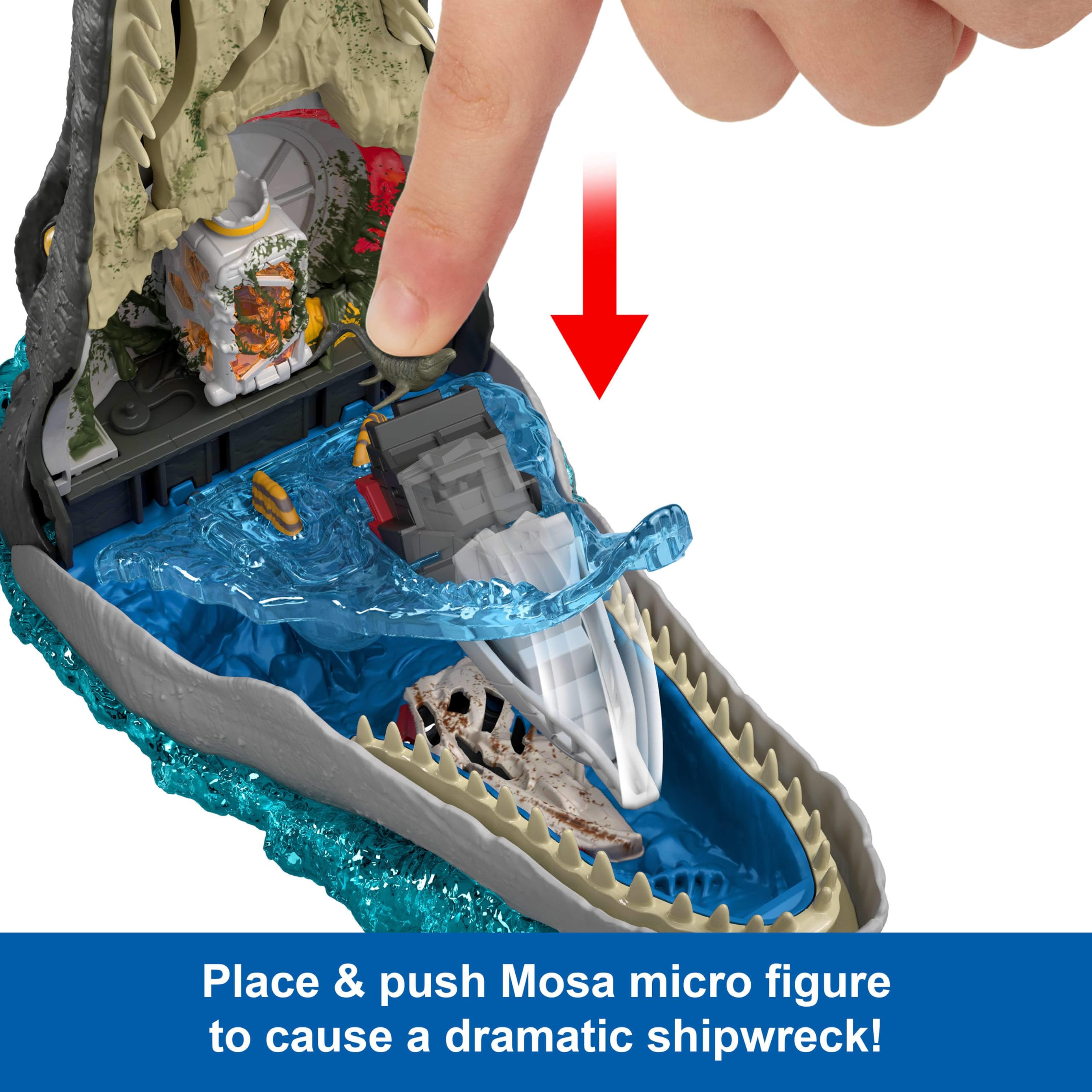 Mattel Jurassic World Rebirth Mosasaurus - Juego de Lujo con 7 características interactivas, 7 Efectos de Sonido y 6 microfiguras, se pliega para Transportar y almacenar