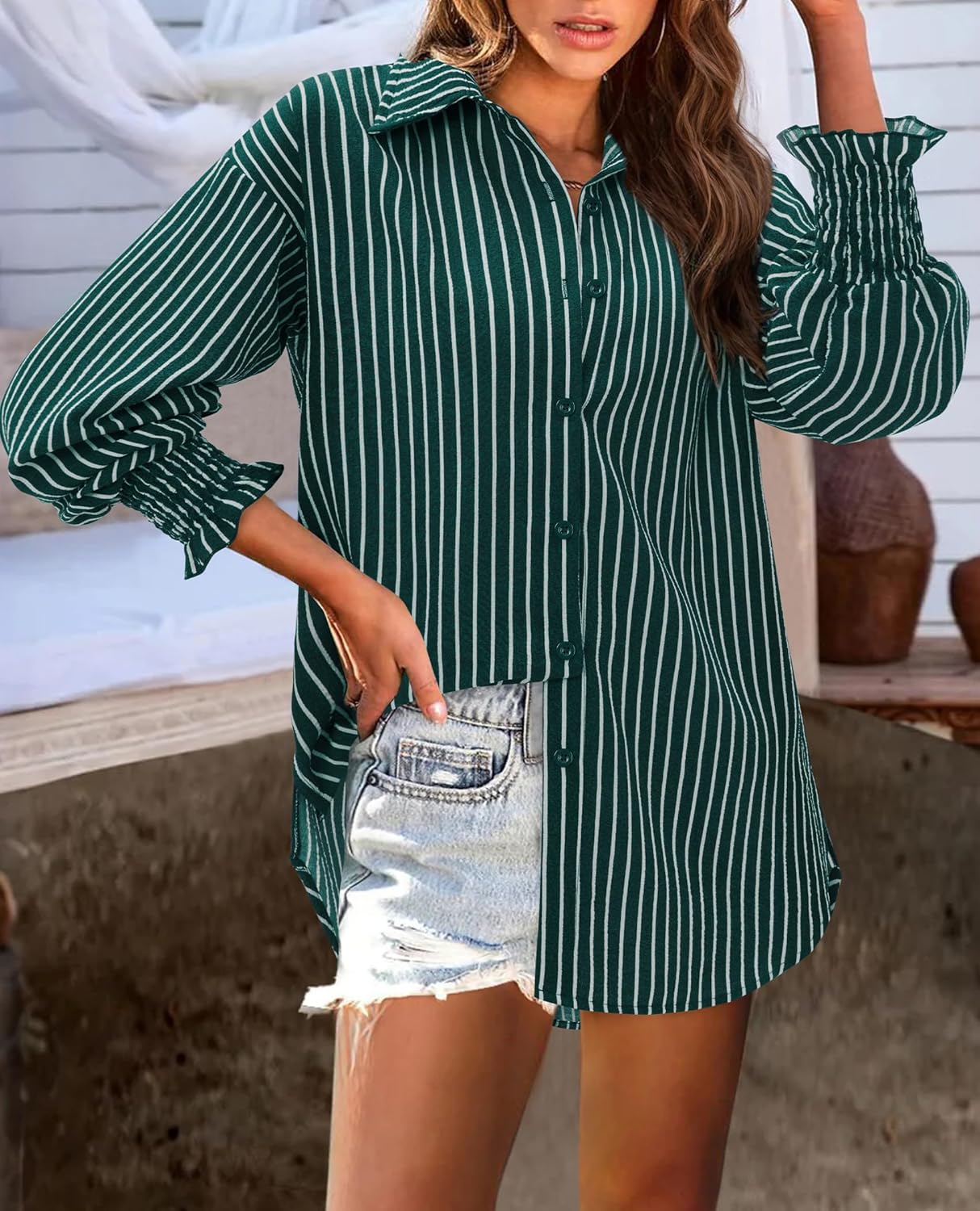 siliteelon Button Down Striped Shirts for Women Smocked Cuffed Long Sleeve Oversized Boyfriend Blouses Collared Work Tops - Image 3
