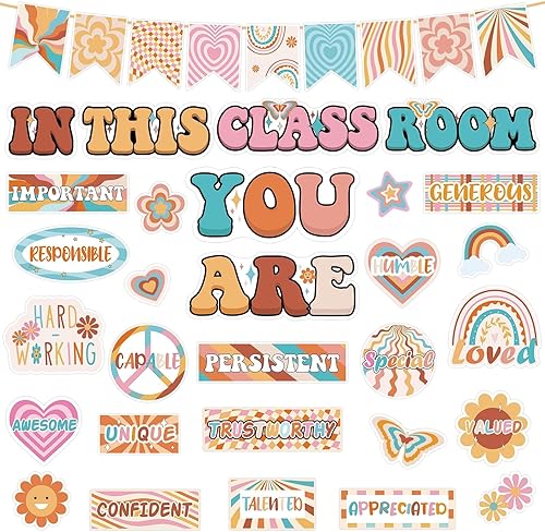 Decoración de tablón de anuncios bohemio, decoración retro para aula, 30 piezas de decoración inspiradora de afirmación con margaritas y arco iris,