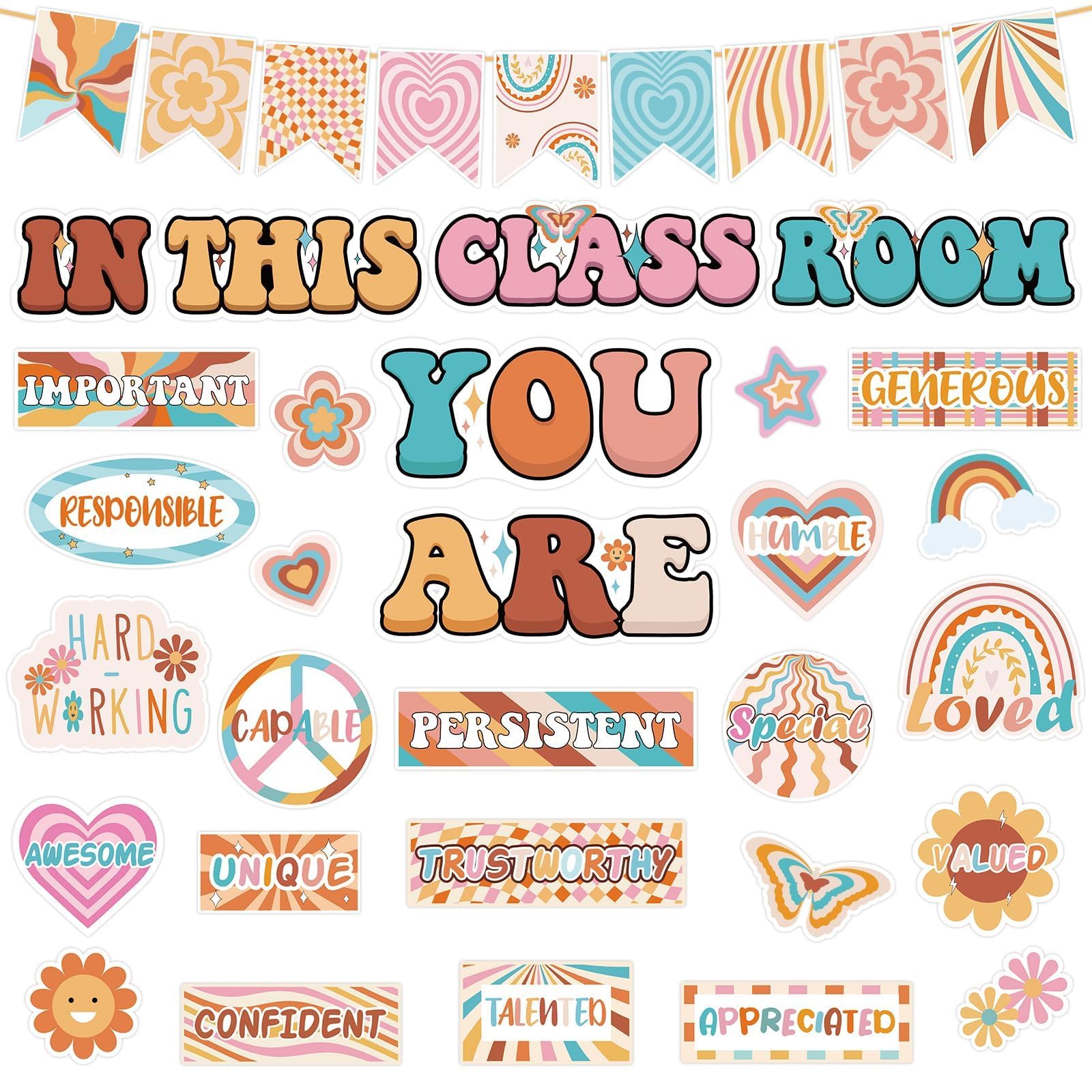 VABAMNA Boho Bulletin Board Decorations Retro Classroom Decor, 30Pcs Inspirational Affirmation Decor Daisy Floral Rainbow Bulletin Board Signs for