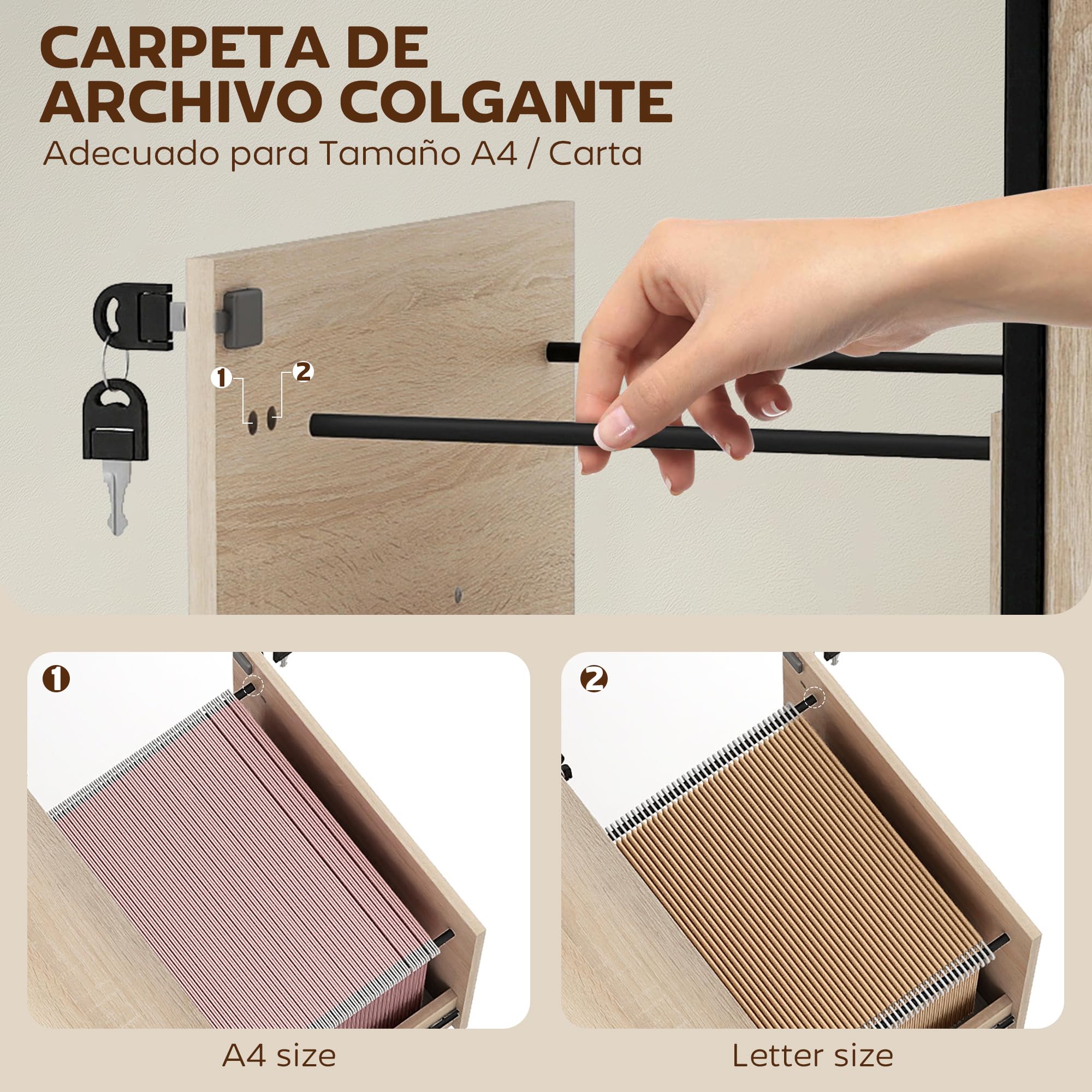 Vinsetto Cassettiera per ufficio con 2 cassetti, cassetto per scrivania con ruote, barra appendiabiti, serratura e 2 chiavi per lettere A4, schedario mobile per studio, 44x40x66,5 cm, naturale