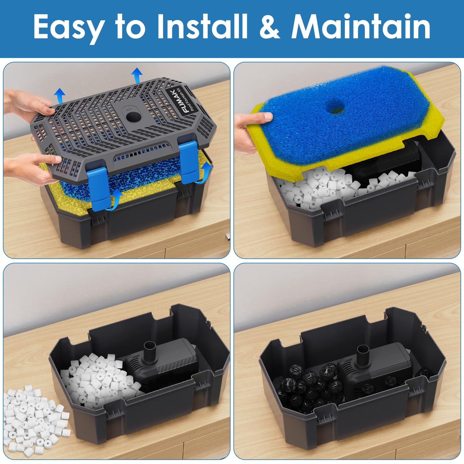 Kit filtro e fontana per laghetto con 3 teste di spruzzo, pompa per fontana per laghetto all-in-one da 550 GPH con filtraggio a 4 stadi, per giardino, giochi d'acqua, stagni per pesci Koi