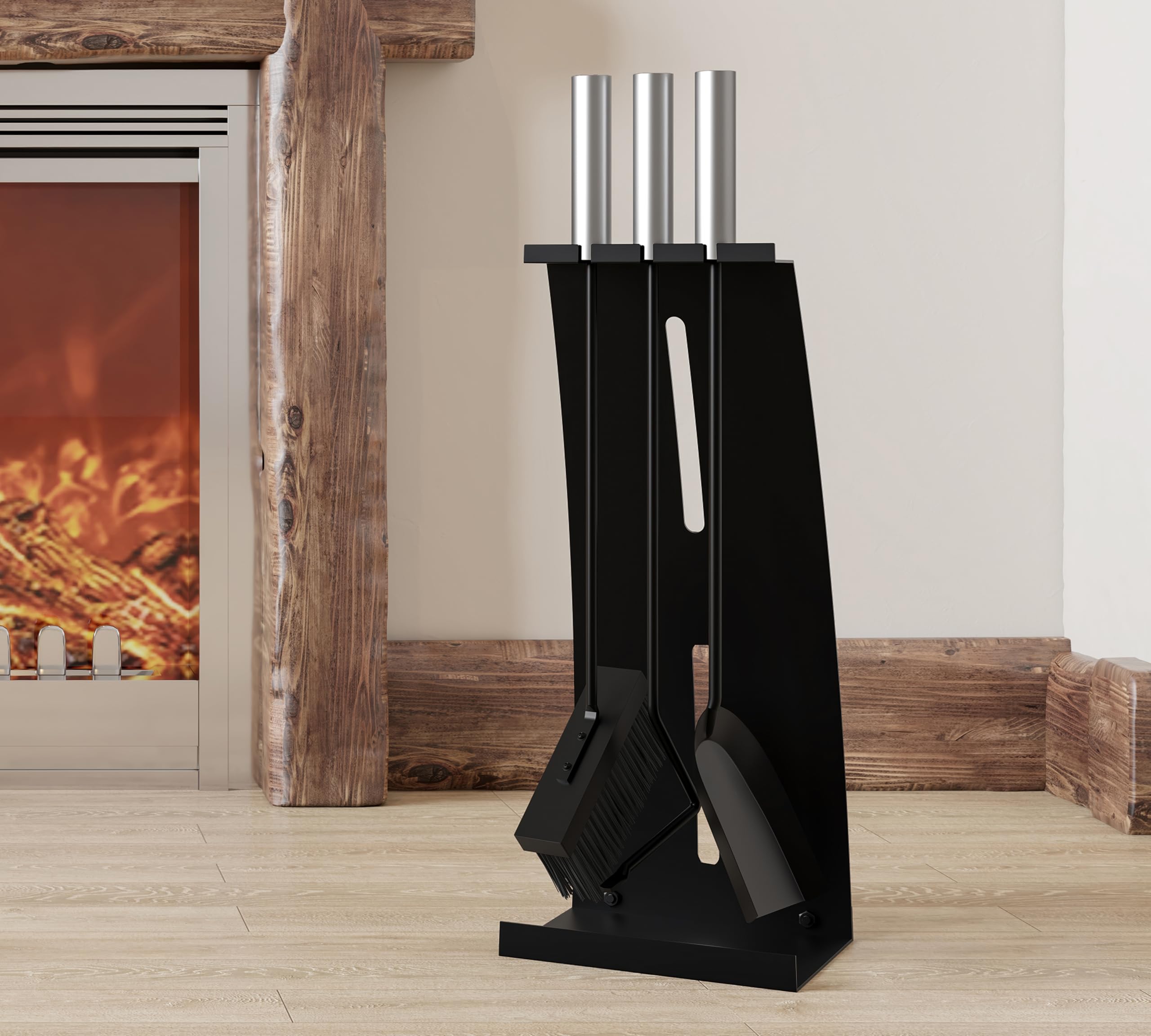Kingson - Juego de 4 utensilios para chimenea con mangos de acero inoxidable – Juego moderno de accesorios para chimenea con soporte – Altura de 54,5 cm
