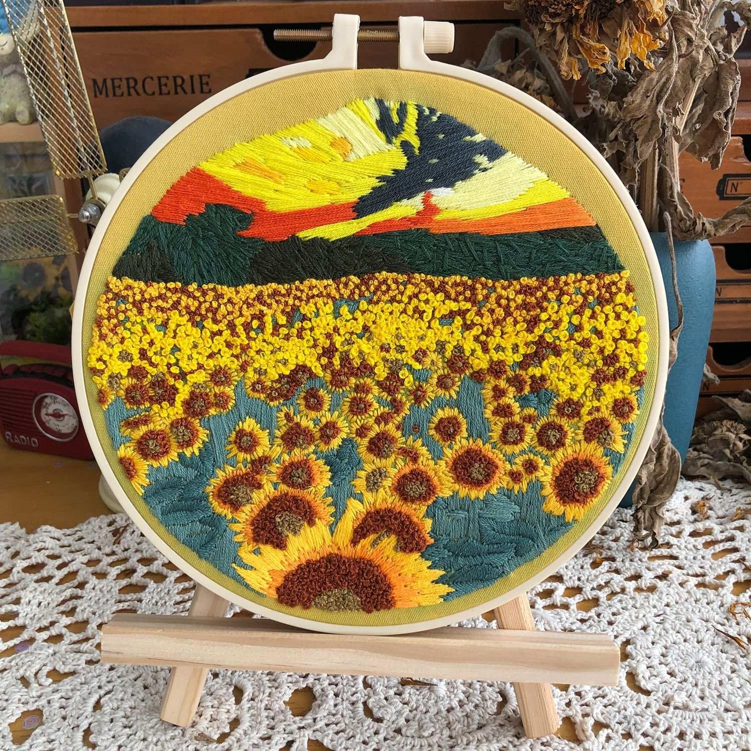 HobbyJobby DIY Embroidery Kit, Long Stitch Kit Sunflower,Embroidery Starter Kit for Beginners, Stamped Embroidery Kit with Pattern and Instructions, Landscape Cross Stitch Starter Kit for Adults