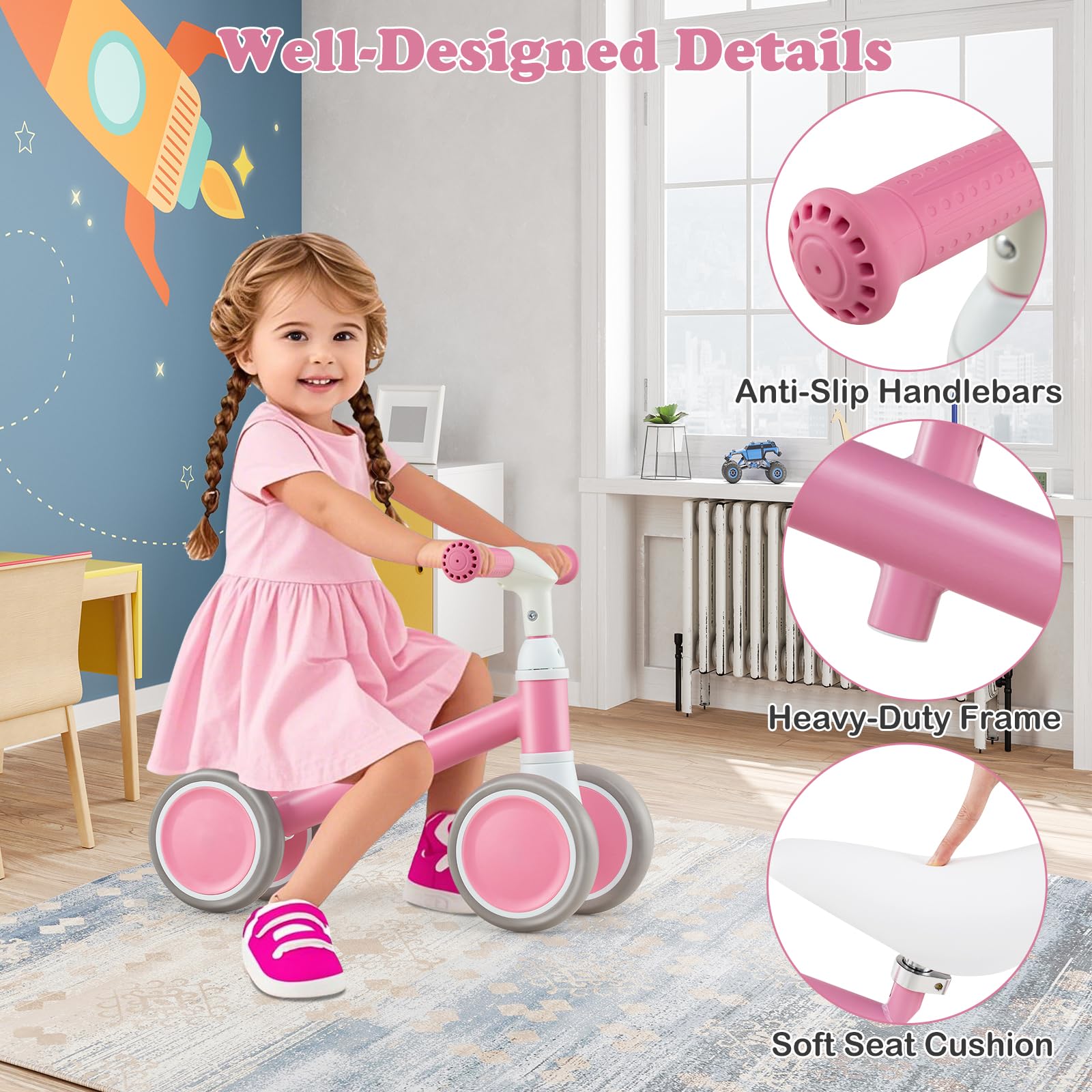 SOARS Bicicletta Senza Pedali Bambini 1-3 Anni, Balance Bike con Seduta Regolabile 26,5-31,5 CM, 2 Ruote EVA Antiscivolo, Volante Sterzo Limitato a 80°, Carico 25 KG, Regalo Bambina