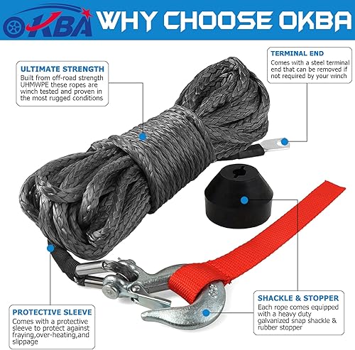 Miniatura 9 de Kit de cuerda sintética de cabrestante, 14 pulgadas x 50 pies, 10000 libras, cuerda de cable sintética con gancho, tapón, funda protectora, correa