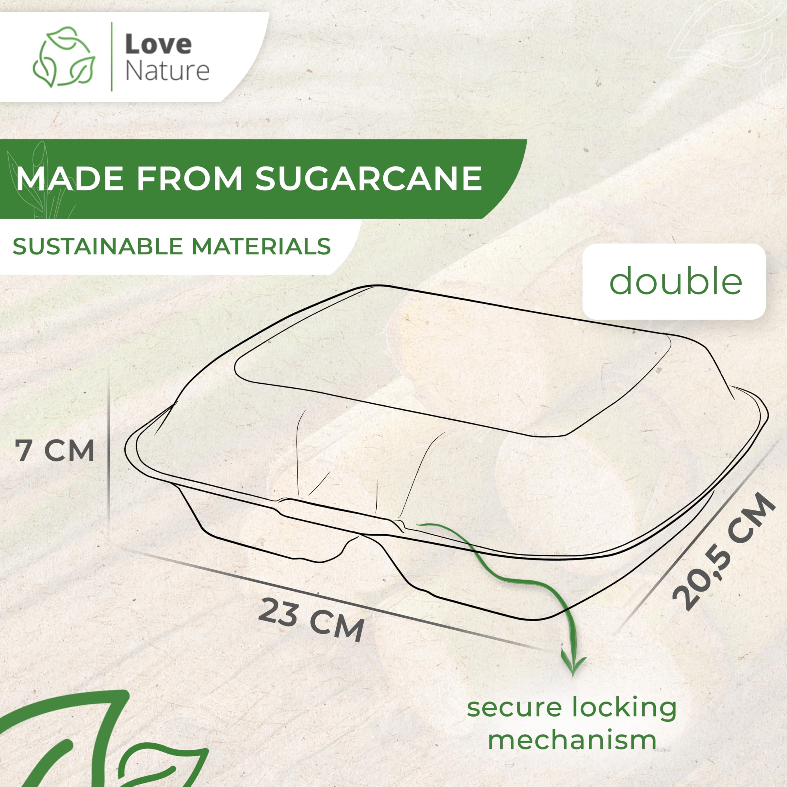 Love Nature Caja de menú ecológica desechable 2 dividida 50 piezas - vajilla desechable caña de azúcar - embalaje para llevar