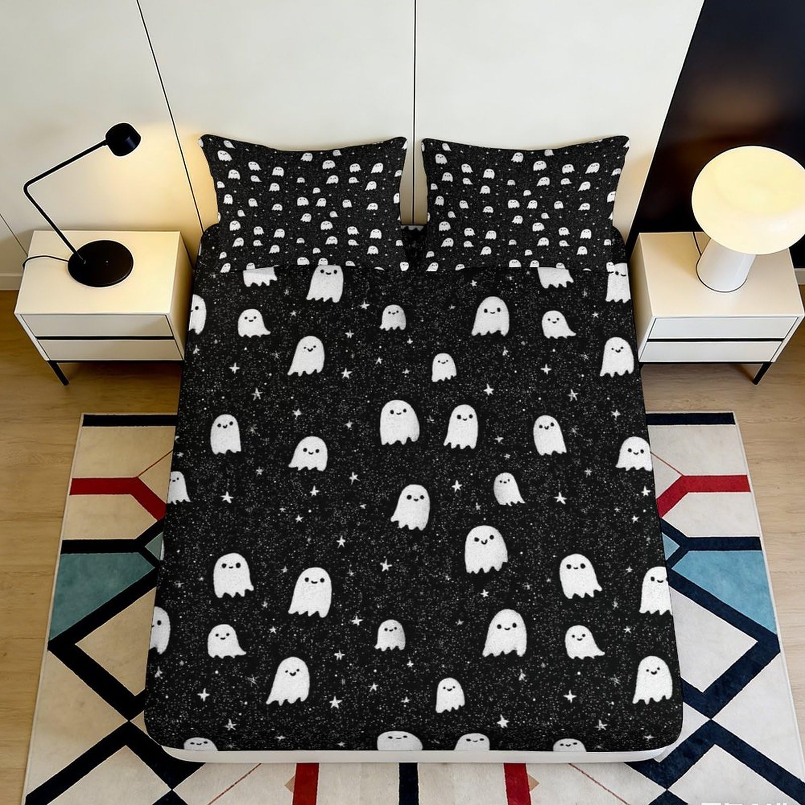 3D Printed Ghost Pattern Fitted Sheet Microfiber Black White Cartoon Star Mattress Cover Bedroom Dorm Decor 90x200x25cm