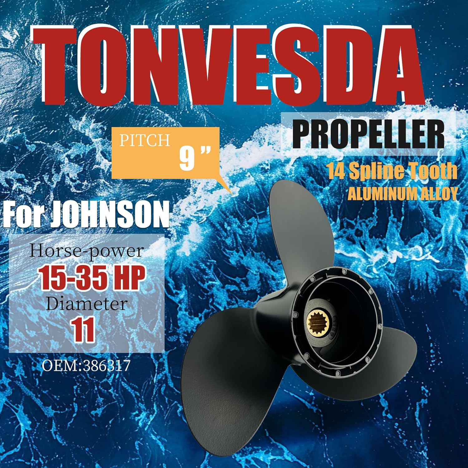 OEM Upgrade Aluminum Boat Propeller fit Johnson Evinrude 11x9 10 1/2x16 15/20/25/30/35HP Engines,14 Spline Tooth,RH