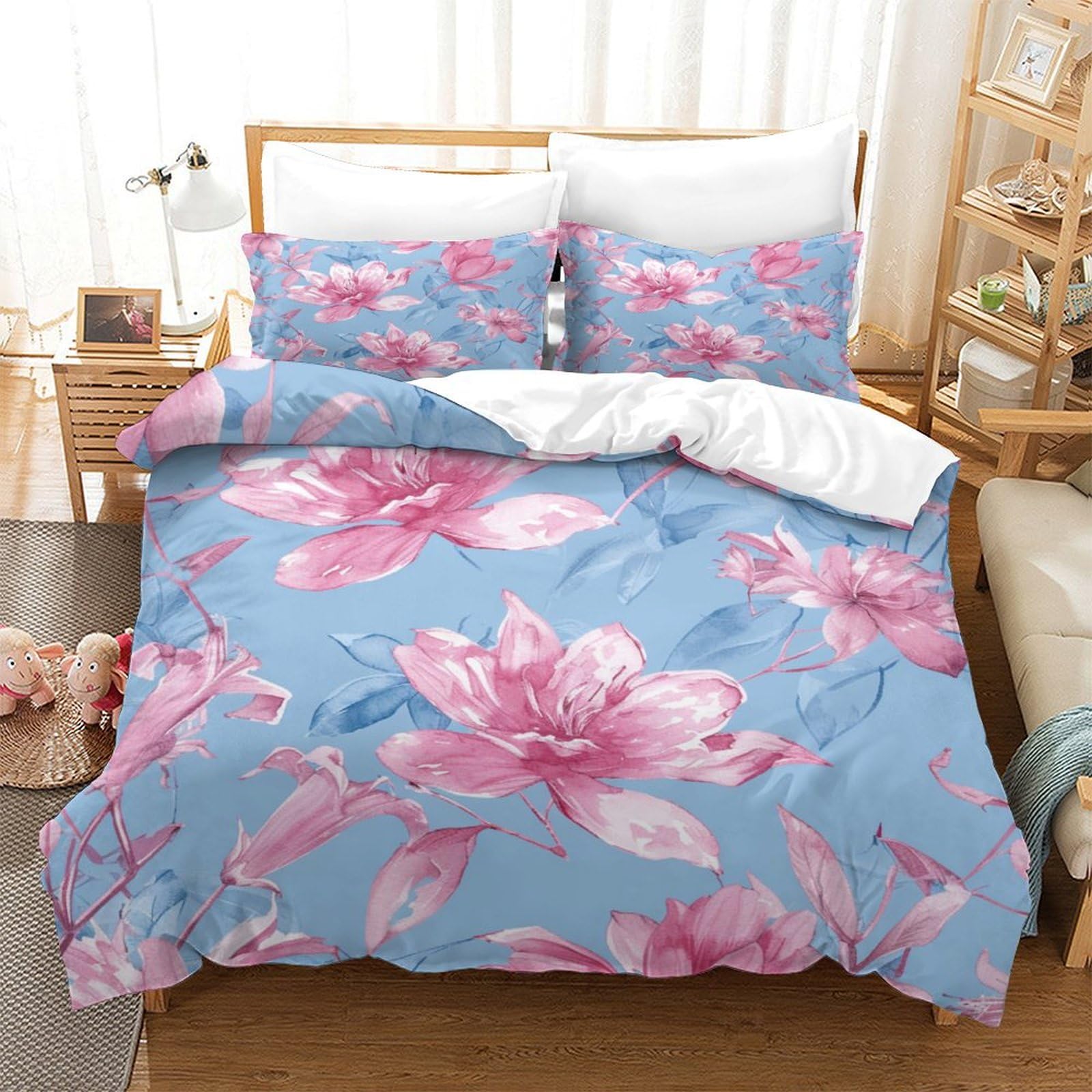 P1S9U7W5Y Elegant Floral 3D Printed Duvet Cover Set 3pcs Microfiber Flower Bedding Set King（220x240cm）