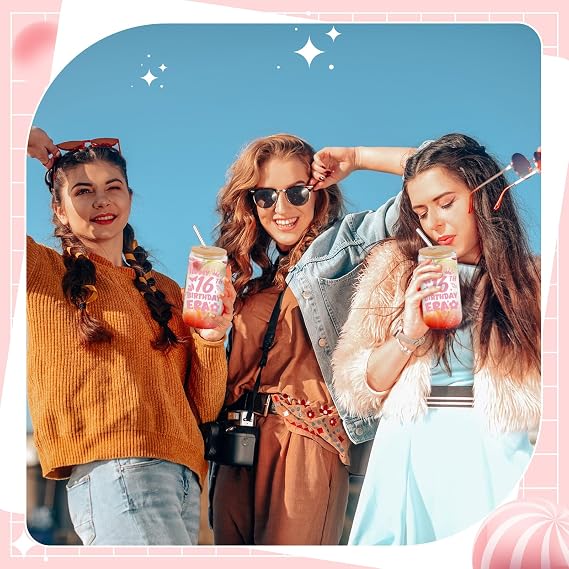 5 Pcs 16th Birthday Gifts for Her, Happy 16 Year Old Gifts Ideas for Women Female, 16 oz Birthday Glass Cup with Lids and Straws for Mom Wife Friends Bestie Coworker Presents