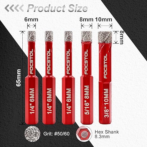Miniatura 2 de FOCSTOL - Juego de 5 brocas de diamante seco, 5 piezas de 6/6/6/8/0.394 in con vástago hexagonal para baldosas de porcelana de cerámica, mármol
