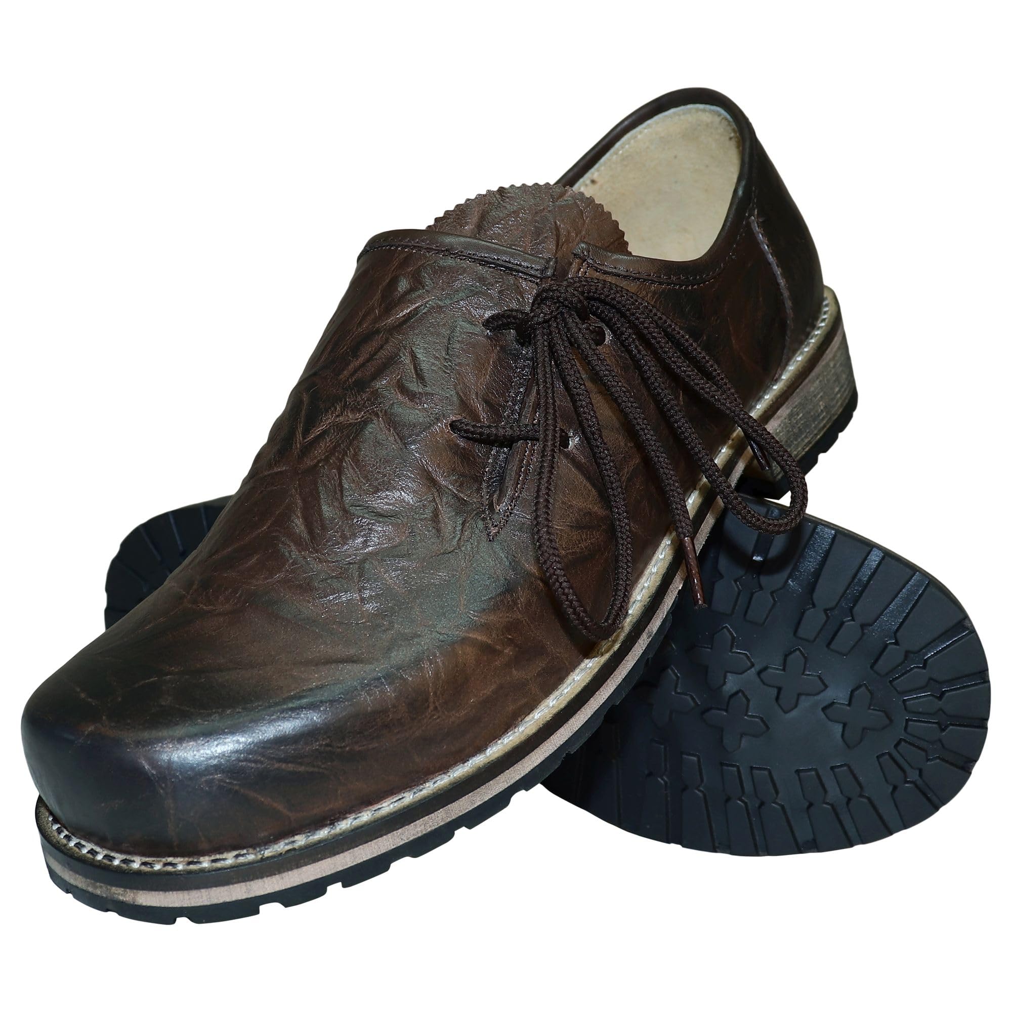 Scarpe per costume tradizionale bavarese, in pelle liscia, marrone anticata, liscia, con lacci, in pelle, da uomo