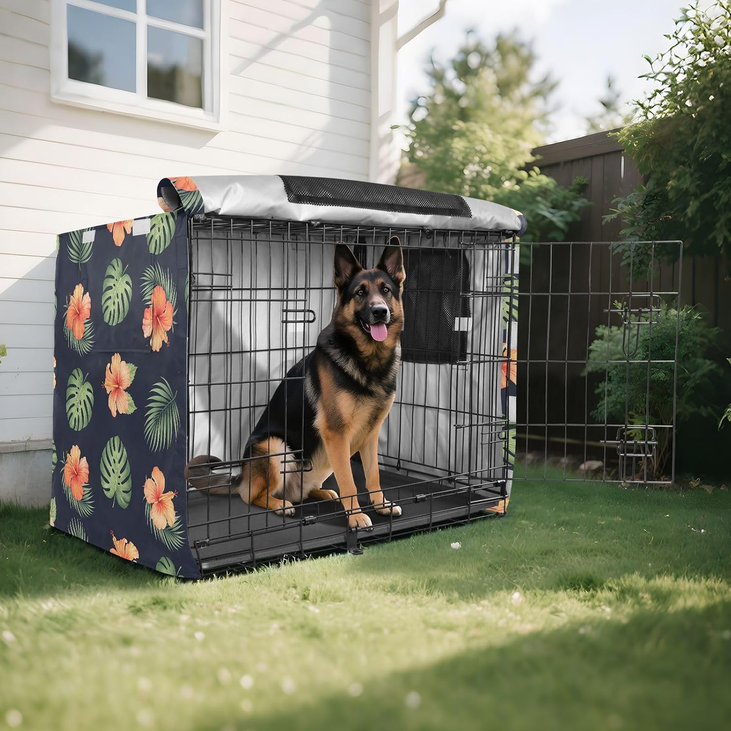 Tropical Hibiscus Flowers Dog Crate Cover 600D Oxford Pet Kennel Cover with Mesh Window for Dog Cages, Windproof Waterproof Machine Washable, 42"x28"x30"