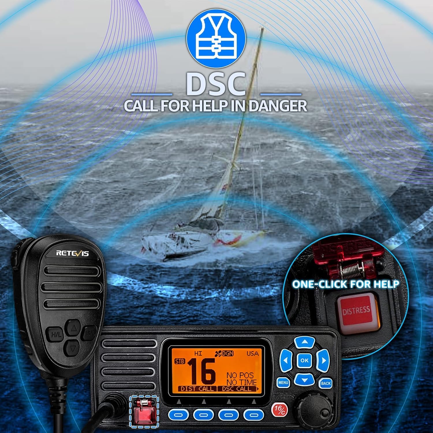 Retevis RA27 Marin Émetteur-récepteur, IP67 Étanche Talkie Walkie, Class D DSC, GPS, 88 Chaînes, Dual/Tri-Watch, Radio VHF Marine Fixe pour Yachts, Marinas (1 Pièce, Noir)