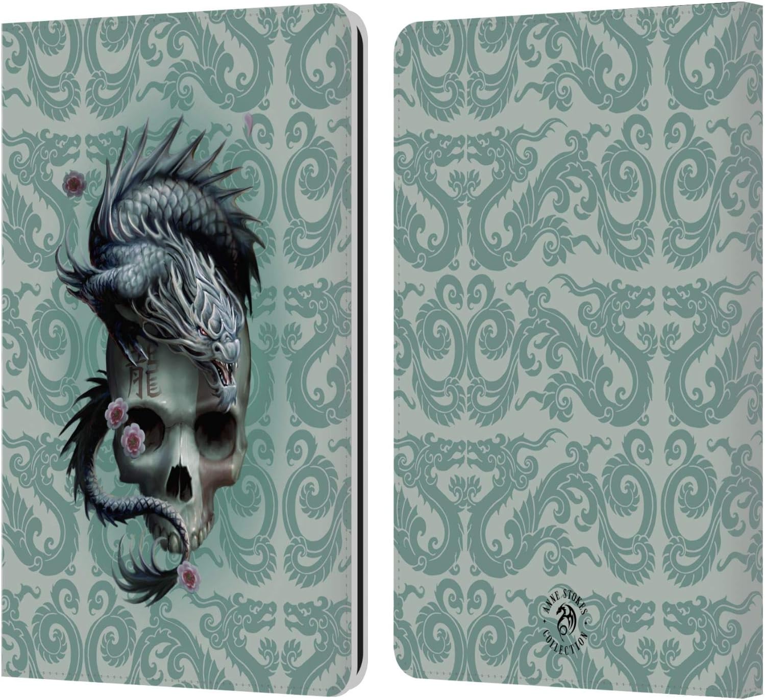 Head Case Designs Officially Licensed Anne Stokes Green Dragon Swirls Oriental Skull Leather Wallet Case Compatible with Kindle Paperwhite 1/2 / 3