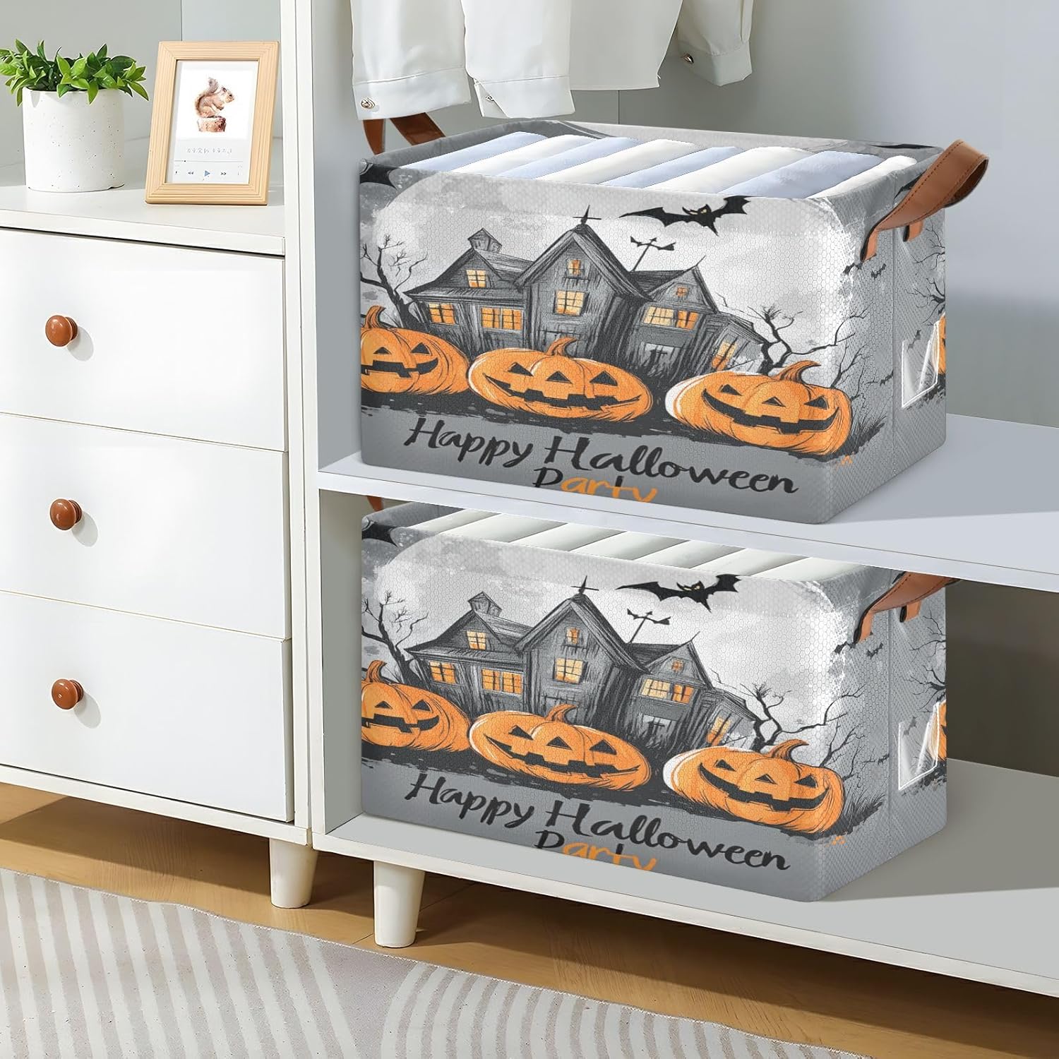 Halloween Pumpkins Gray 2 Pack Fabric Storage Bins for Shelves Collapsible Cube Storage Bin Basket Storage Cubes with Handle Cube Storage Underwear Organizer for Home Closet Office Clothes