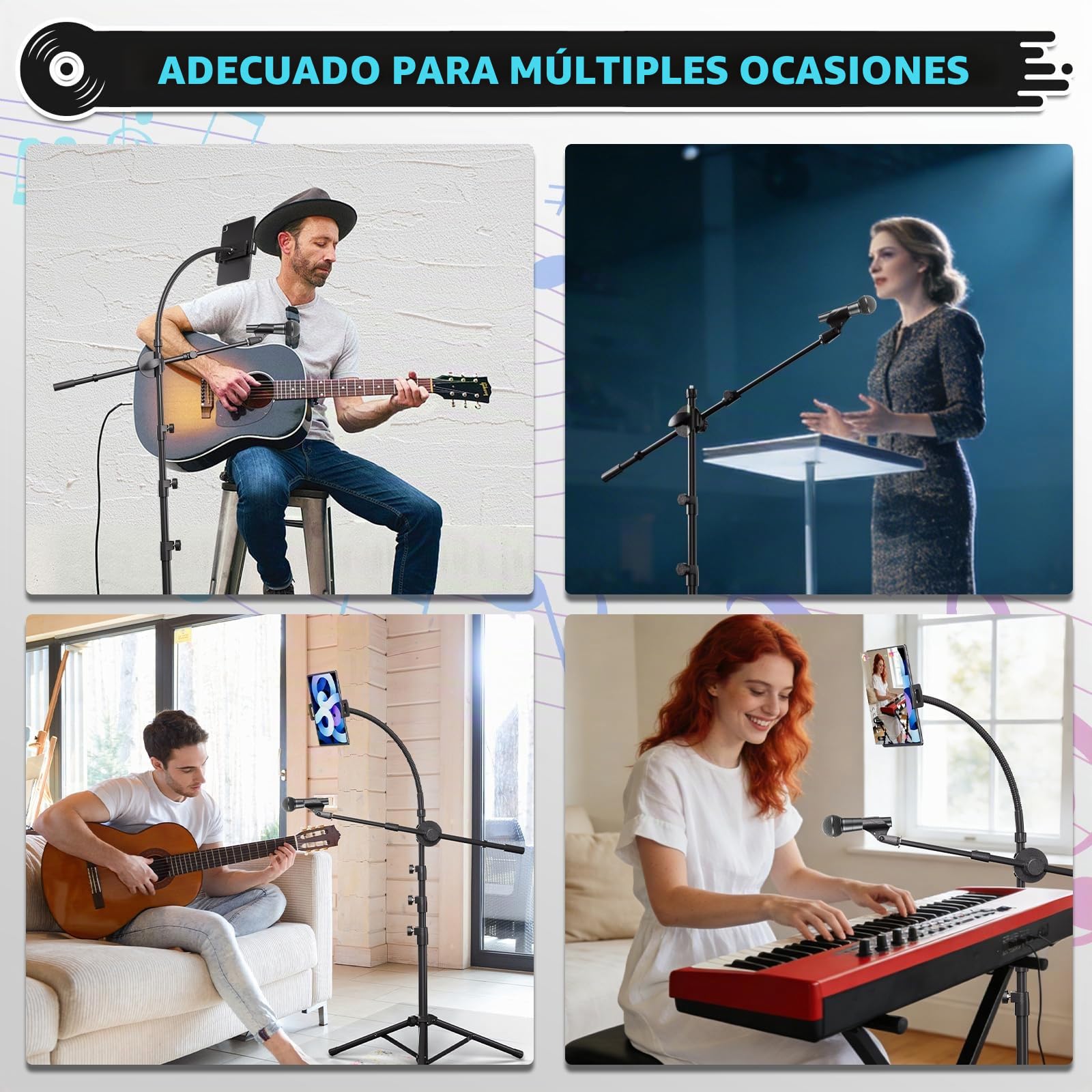K KASONIC Soporte de Micrófono con Portatabletas, Soporte de Micrófono de Trípode Ajustable con Brazo para Actuaciones, Soporte de Micrófonos de Pie para Canto, Actividades al Aire Libre