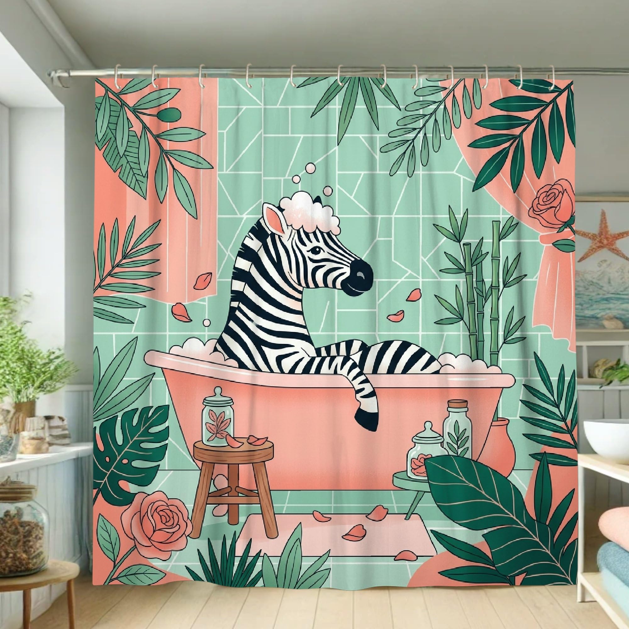 Rideau de douche polyester imperméable 183x183 vert menthe motif cheval feuilles tropicales
