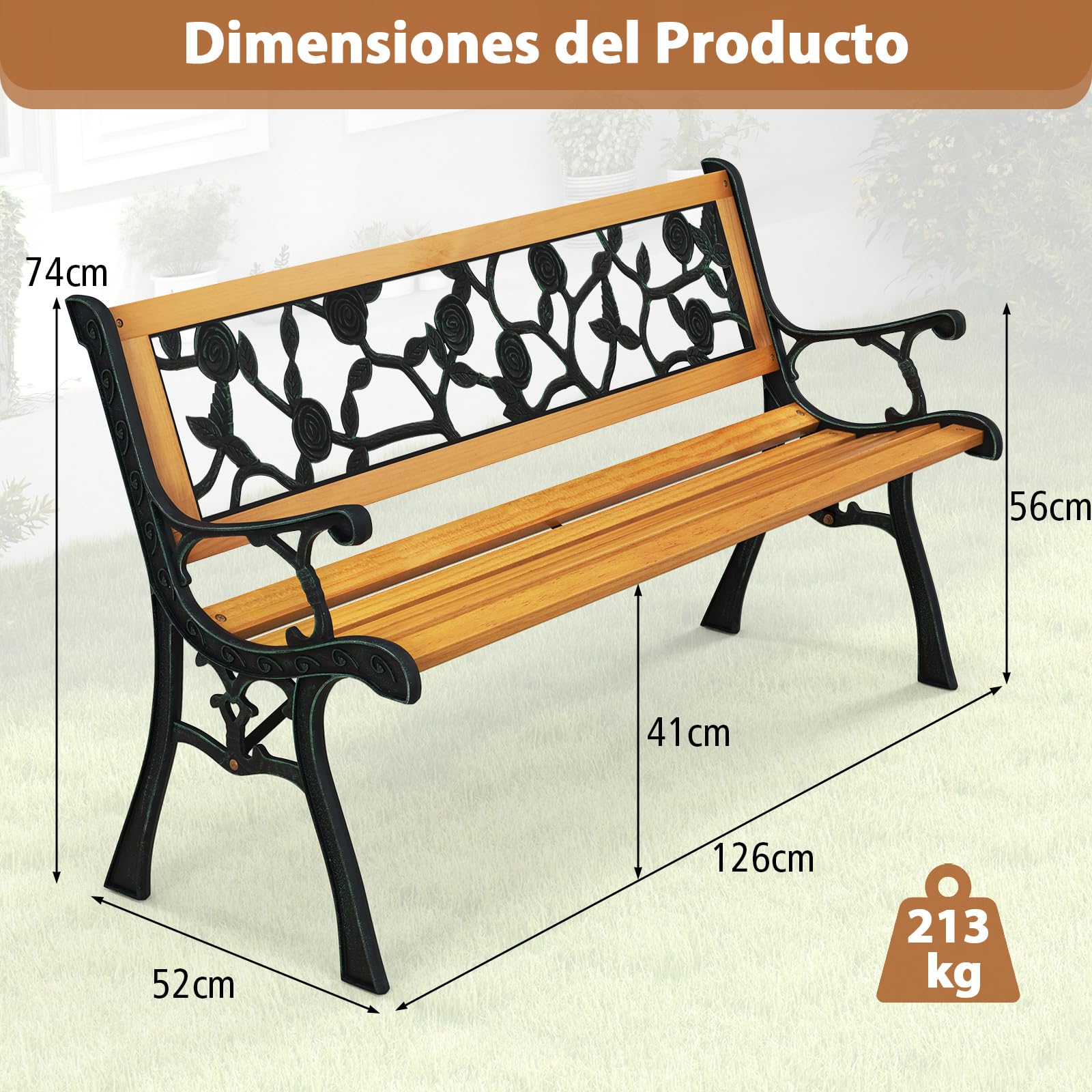 GOPLUS Banco Jardín Exterior de 3 Plazas, Banco de Madera de Pino con Estructura Metálica, Reposabrazos, Respaldo Decorativo, Asiento Listonado para Jardín Parque Patio (Estilo 1, 126 x 52 x 74 cm)