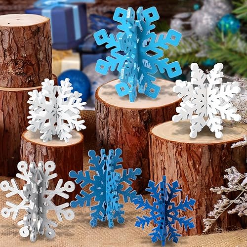 OuMuaMua Juego de 6 decoraciones de mesa de Navidad con copos de nieve, 12 piezas de decoración de copo de nieve 3D de madera con purpurina azul y