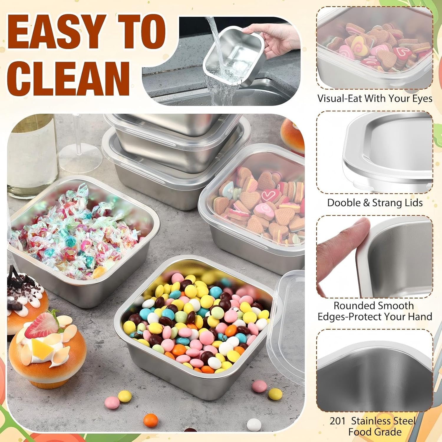 6 Pcs Stainless Steel Food Storage Containers with Lids Metal Lunch Bento Box Reusable Stackable Meal Prep Container for Kitchen Picnic Travel Dishwasher Safe (30 oz)