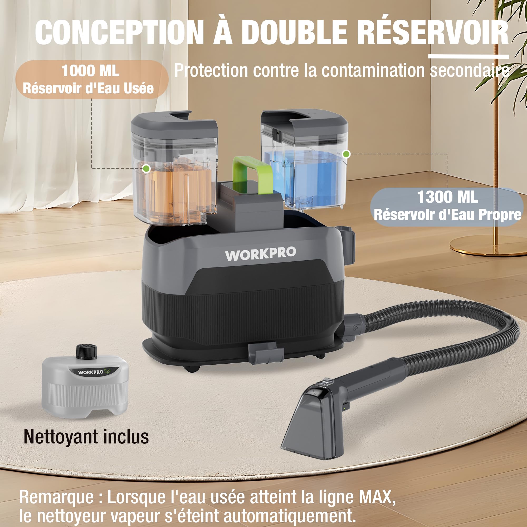 WORKPRO Shampouineuse et Nettoyeur Vapeur 4 en 1 pour Tapis et Tissus d’Ameublement avec Aspirateur Laveur 16 kPa, 4 Modes de Nettoyage, Nettoyeur Canapé Tissu, Matelas, Rideaux, Poils, Voiture