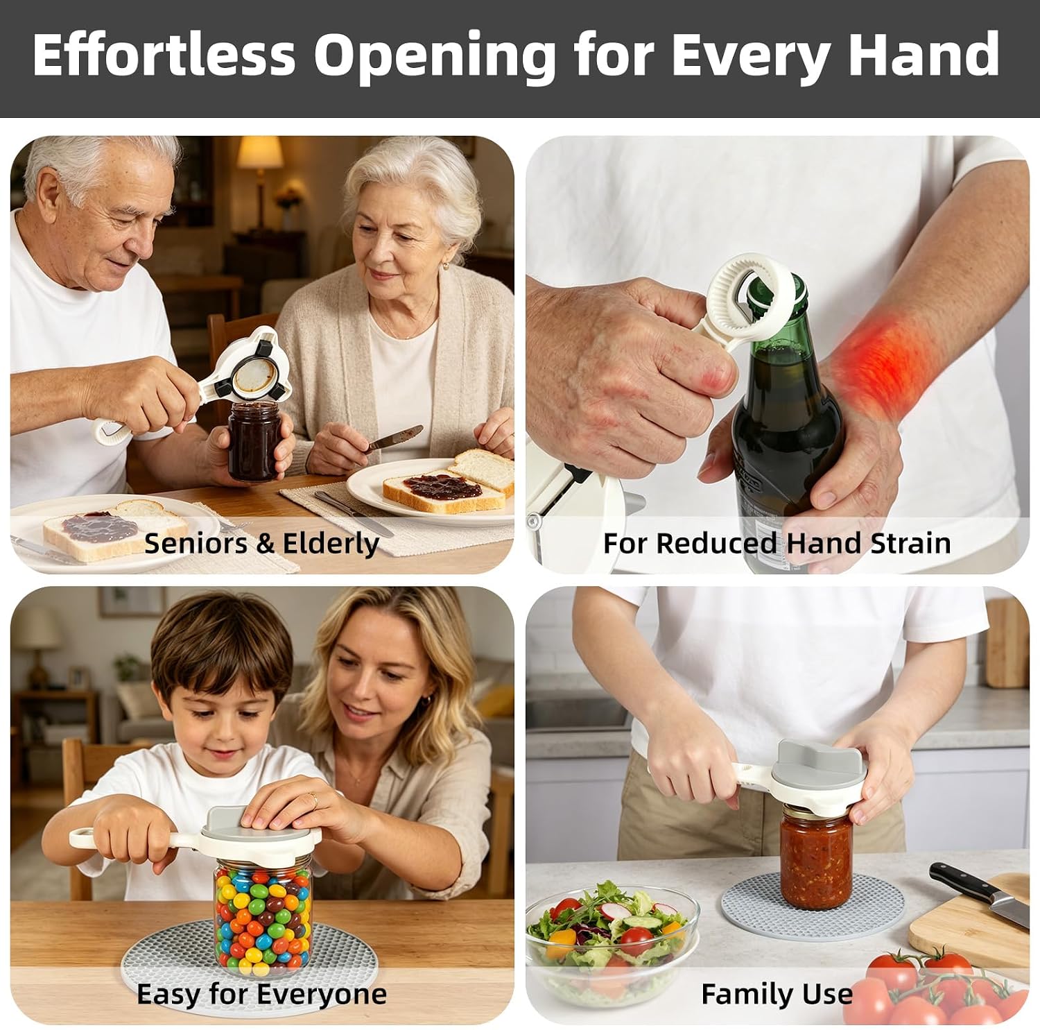 Manual Jar Opener for Weak Hands and Seniors, Adjustable 4-in-1 Lid and Bottle Opener, Fits 1 to 3.5 in Round Lids, Includes 6.89 in Silicone Grip Mat