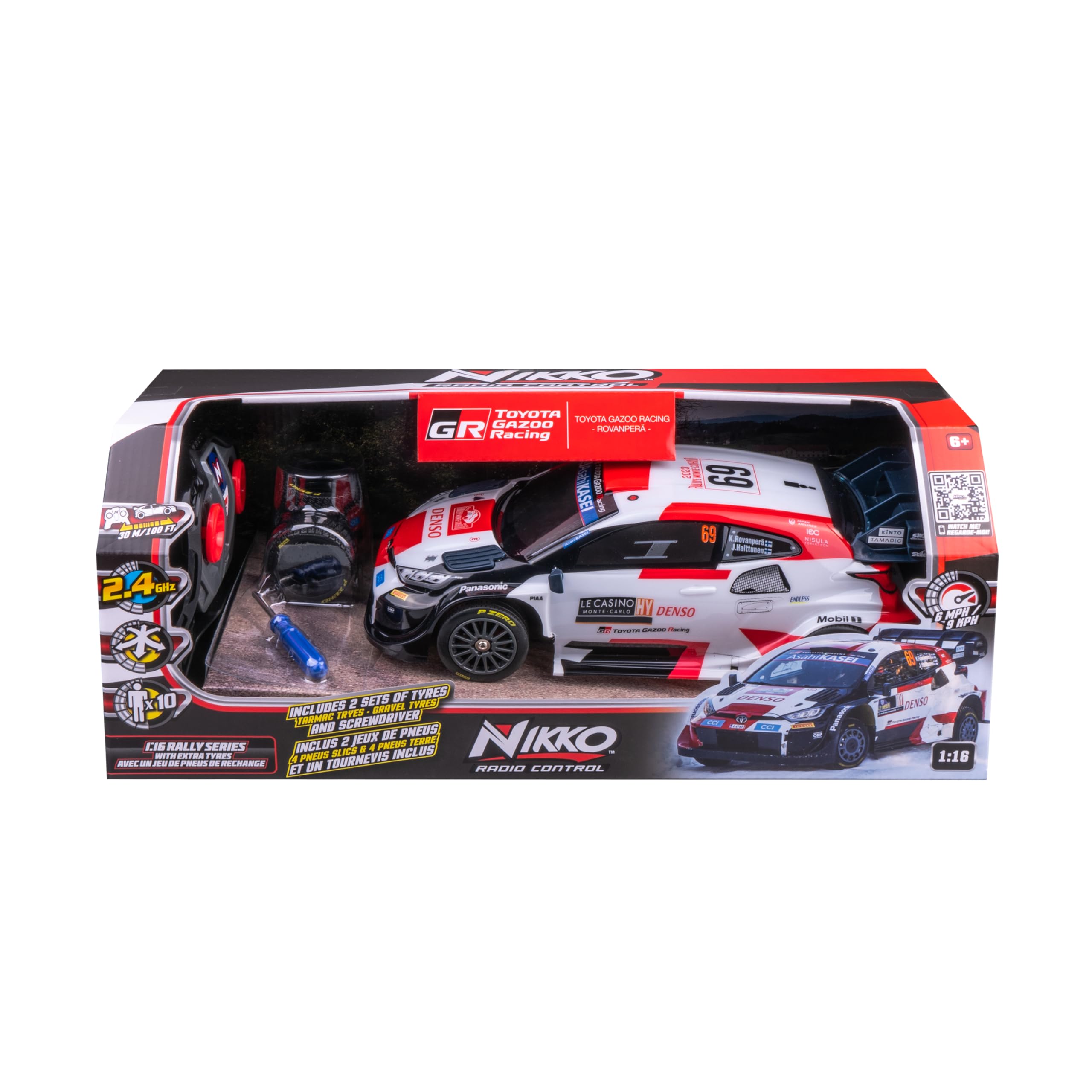 Nikko Coche teledirigido RC 10402 Toyota Gazoo Rally Racer #69 Rovanperä 1:16 con Juego Extra de neumáticos y Destornillador, 28 cm, Mando a Distancia de 2,4 GHz, Alcance de 30 m, para niños a Partir