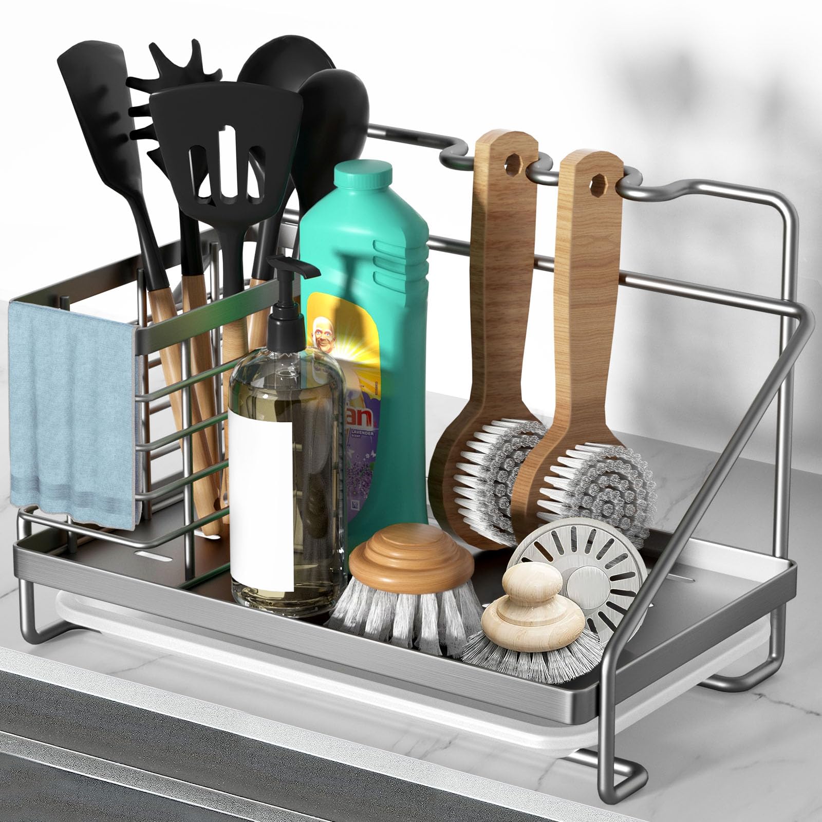 Kitchen Sink Caddy, Kitchen Sink Organizer Stainless Steel with Side Basket, Rustproof and Non-slip Sponge Holder with Removable Drain Tray for Sponge Soap Scrubber Dishcloth Dish Brush, Silver