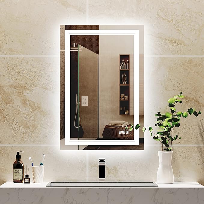 QueenFun 30x36 LED Bathroom Mirror with Light,Front and