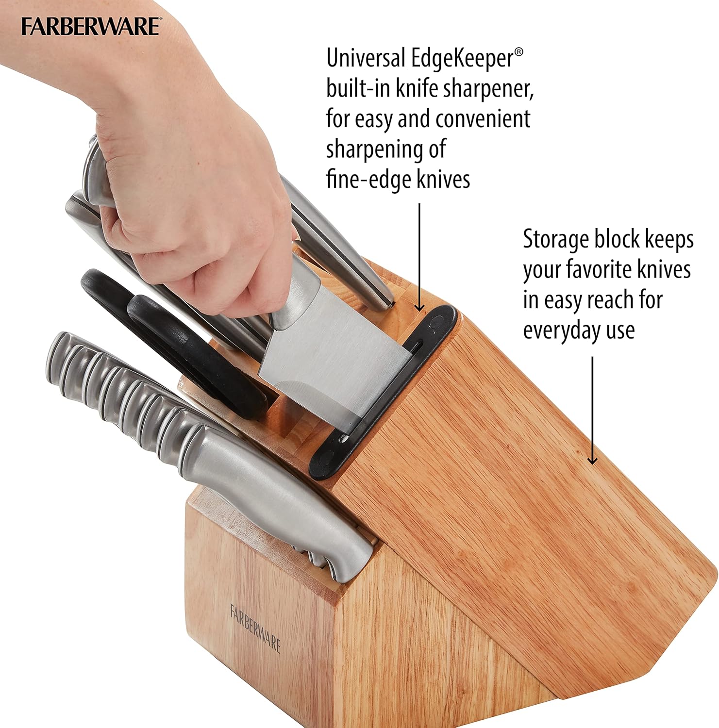 Farberware Edgekeeper Stainless Steel Knife Block Set with Built in Knife Sharpener, 16-Piece, Natural