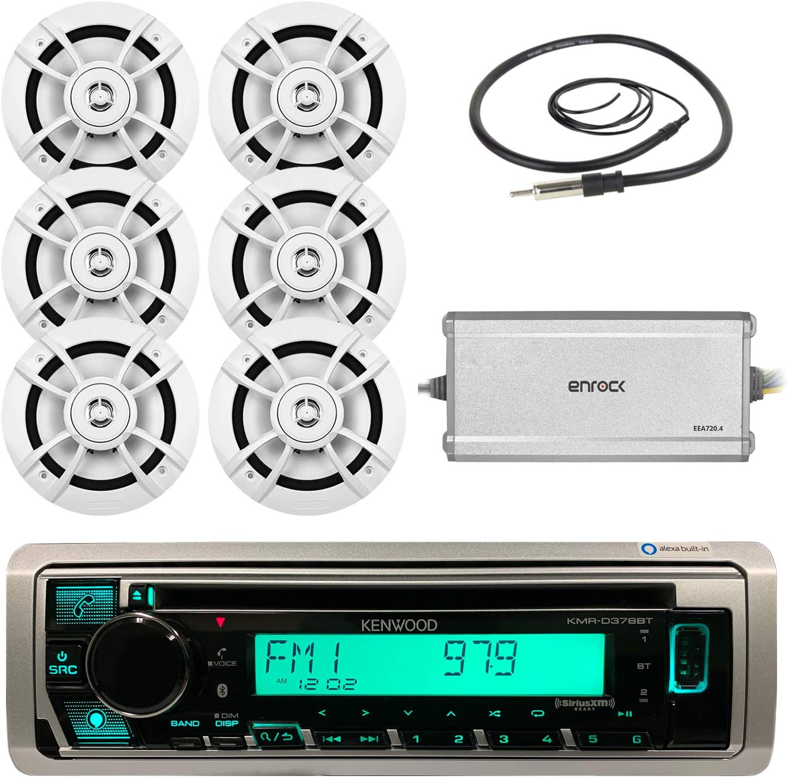 Kenwood Single DIN Marine Boat Yacht Outdoor Bluetooth Stereo CD Player USB AUX AM/FM Radio Reciver, 6 X Kenwood 6.5" Waterproof Speakers, Amplifier, Antenna - Marine Audio Kit