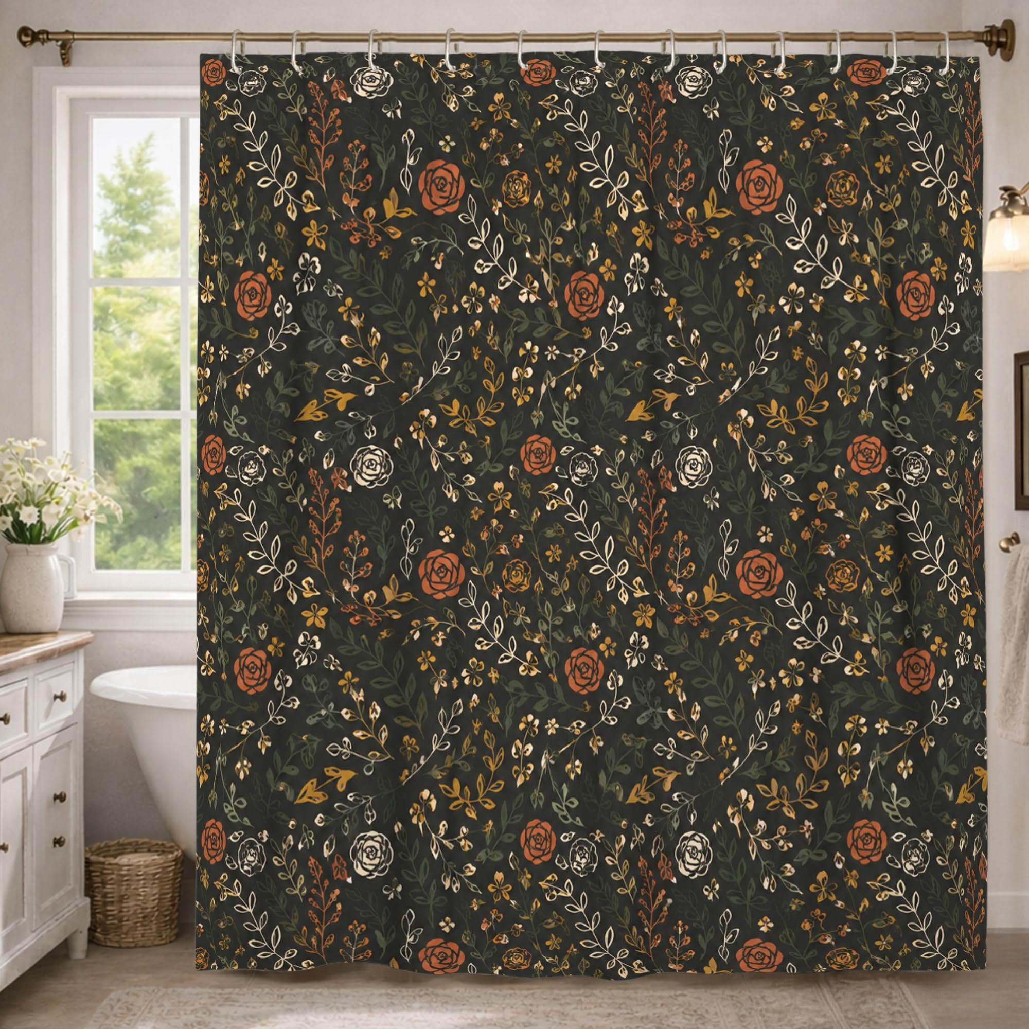 Rideau de douche imperméable extra long en polyester lavable motif fleurs d'automne