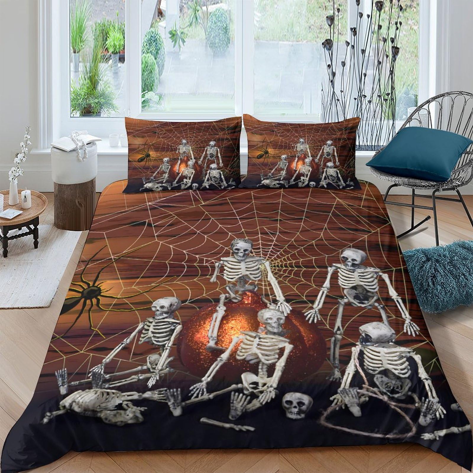 Ctjqhvkz Style-9 3D Printed Skeleton Halloween Fitted Sheet Microfiber Orange Spider Web Mattress Cover For Bedroom Dorm Decor Single（135X200cm）