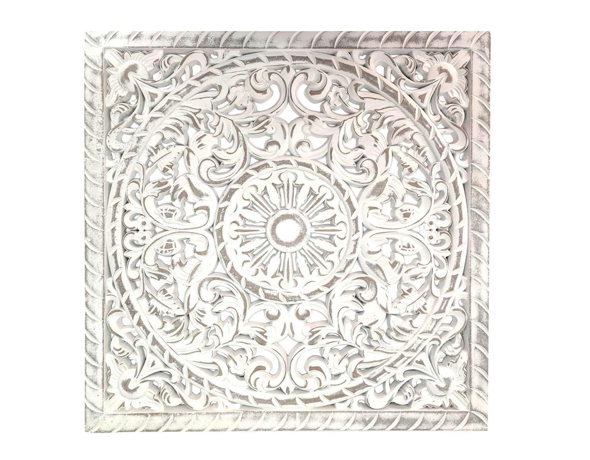 Decorazione Parete Legno Intagliato - Mandala Floreale Bianco 40cm, Stile Shabby Chic