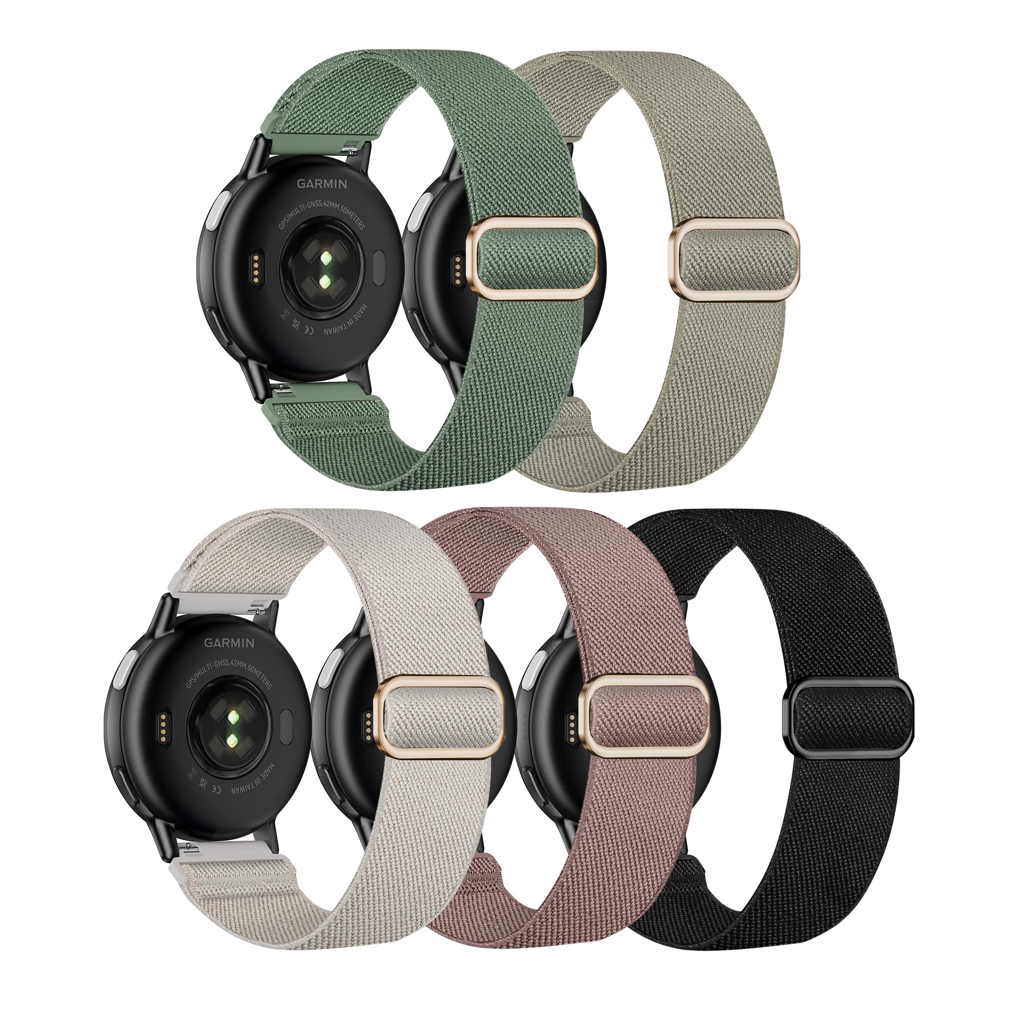 Laband 20mm Nylon Watch Straps for Garmin Vivoactive 6/5/3/3 Music/Forerunner165/55/645/245/570 42mm band, 5 Pack Soft Stretchy Fabric Adjustable Replacement Sport Straps for Venu/Venu Sq 2 Women Men - 1