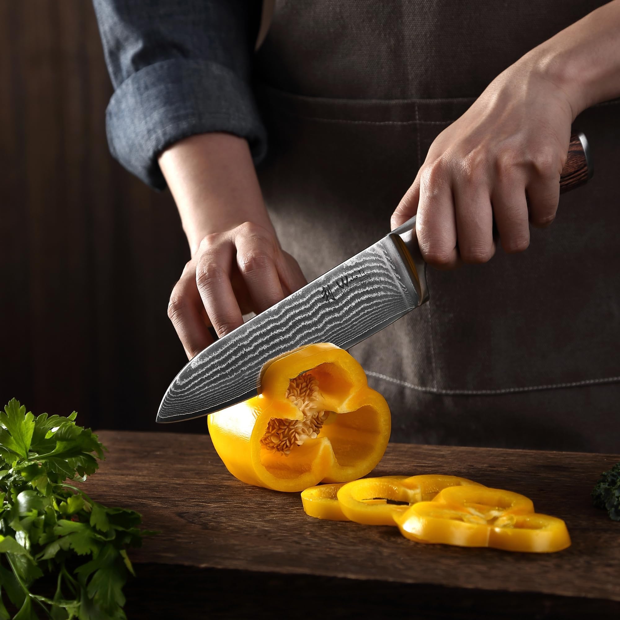 Wakoli Zestaw Noży, Stal Damasceńska, Sebrny, 29/19 cm, 2-Częściowy | Z Santoku 17 cm, nóż do mięsa 18 cm, mały Santoku 12 cm i nóż biurowy 8,5 cm z 67 warstw stali damasceńskiej z rdzeniem VG10