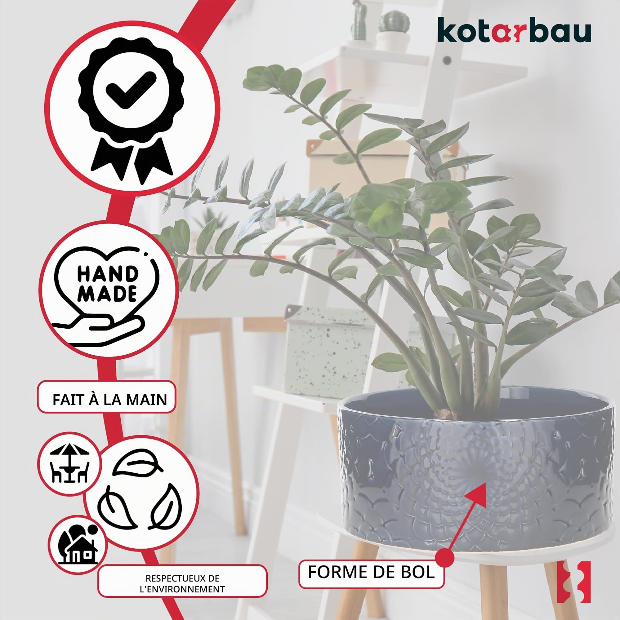 KOTARBAU Bac à plantes, en céramique, bleu cobalt, hauteur : 13 cm, diamètre : 28 cm, grand pot de fleurs, plat et rond, pour l'extérieur