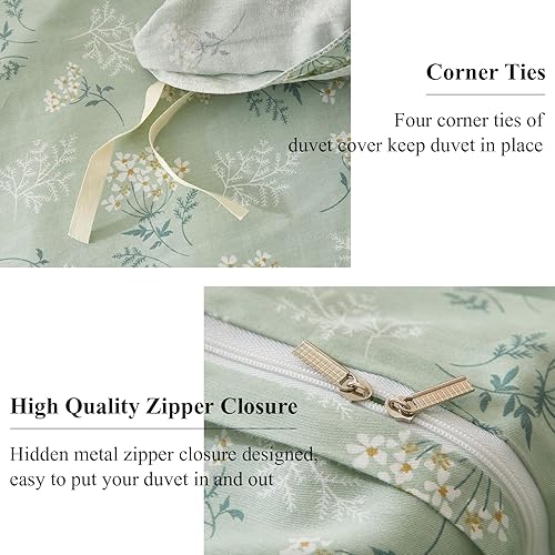 Miniatura 5 de EAVD Juego de funda de edredón floral para niña, tamaño individual, color verde, con 2 fundas de almohada, funda de edredón floral bohemia con