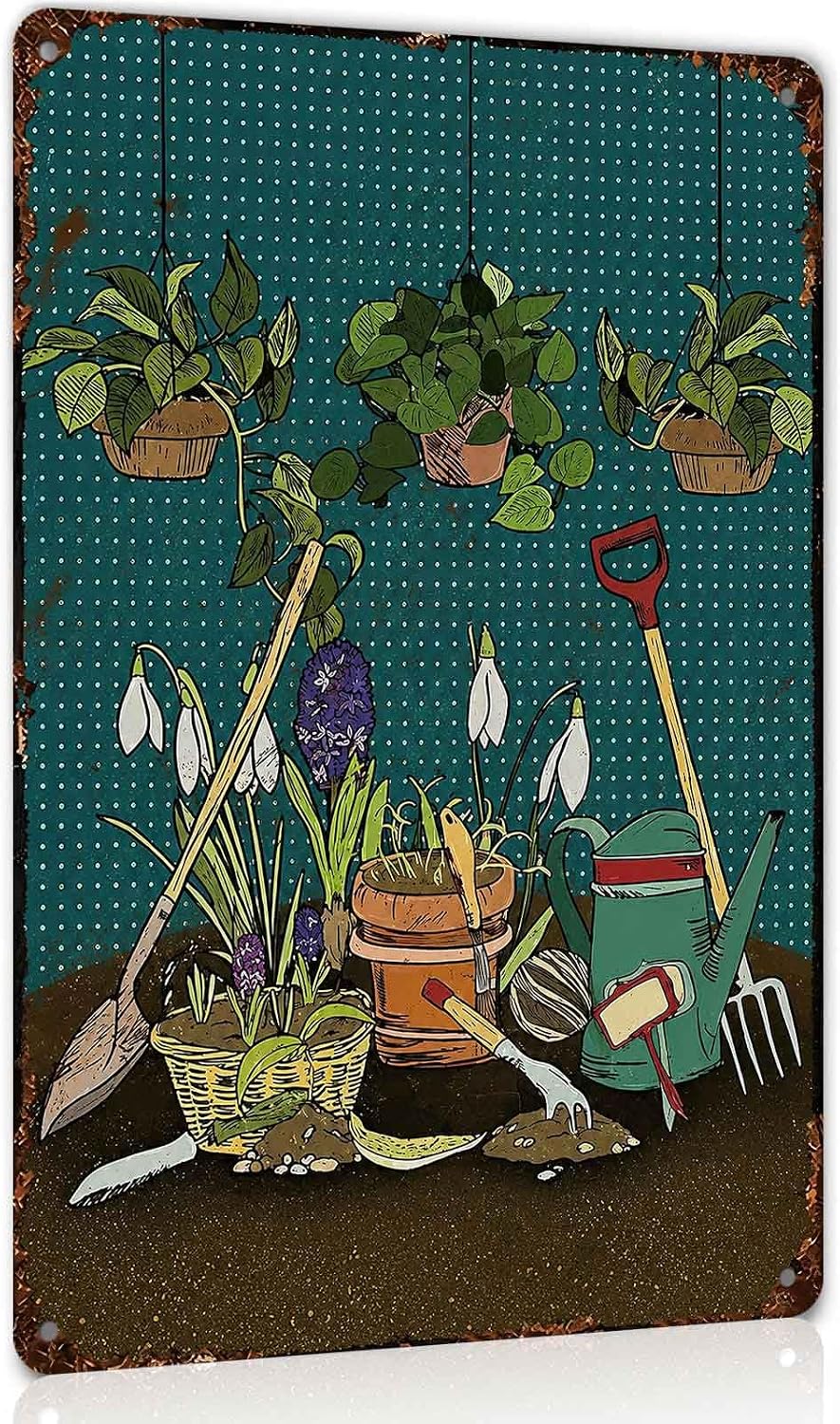 Gardening Tools Potted Plants Vintage Metal Signs 8x12 Inch