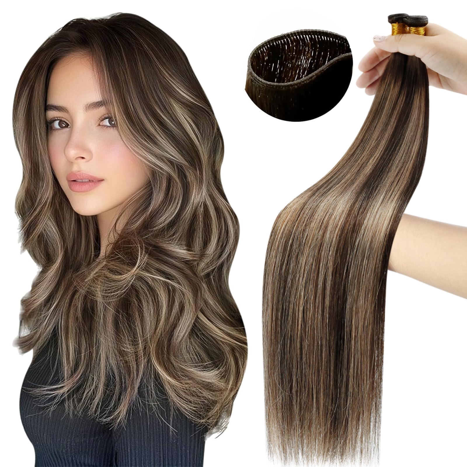 Moresoo Butterfly Weft Hair Extensions Remy Human Hair Ash Blonde Highlight Bleached Blonde 18 Inch OVO Weft Hair Extensions Human Hair Ash Blonde Highlight 100g/pack #18/613 — view 50