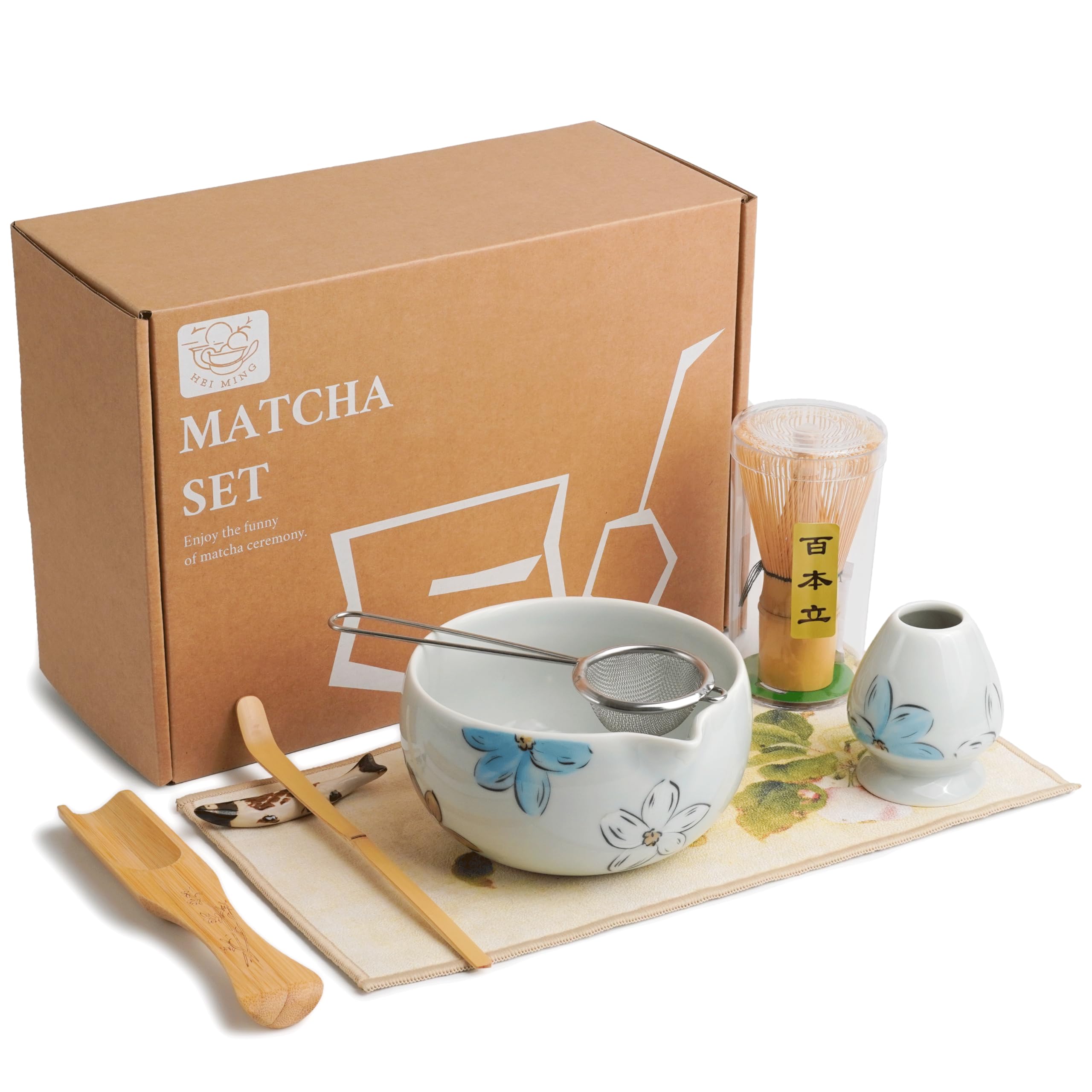 HEI MING Kit Matcha Cérémonial 8 Pièces – Bol Verre + Fouet Bambou Artisanal – Cérémonie Du Thé Japonaise Authentique