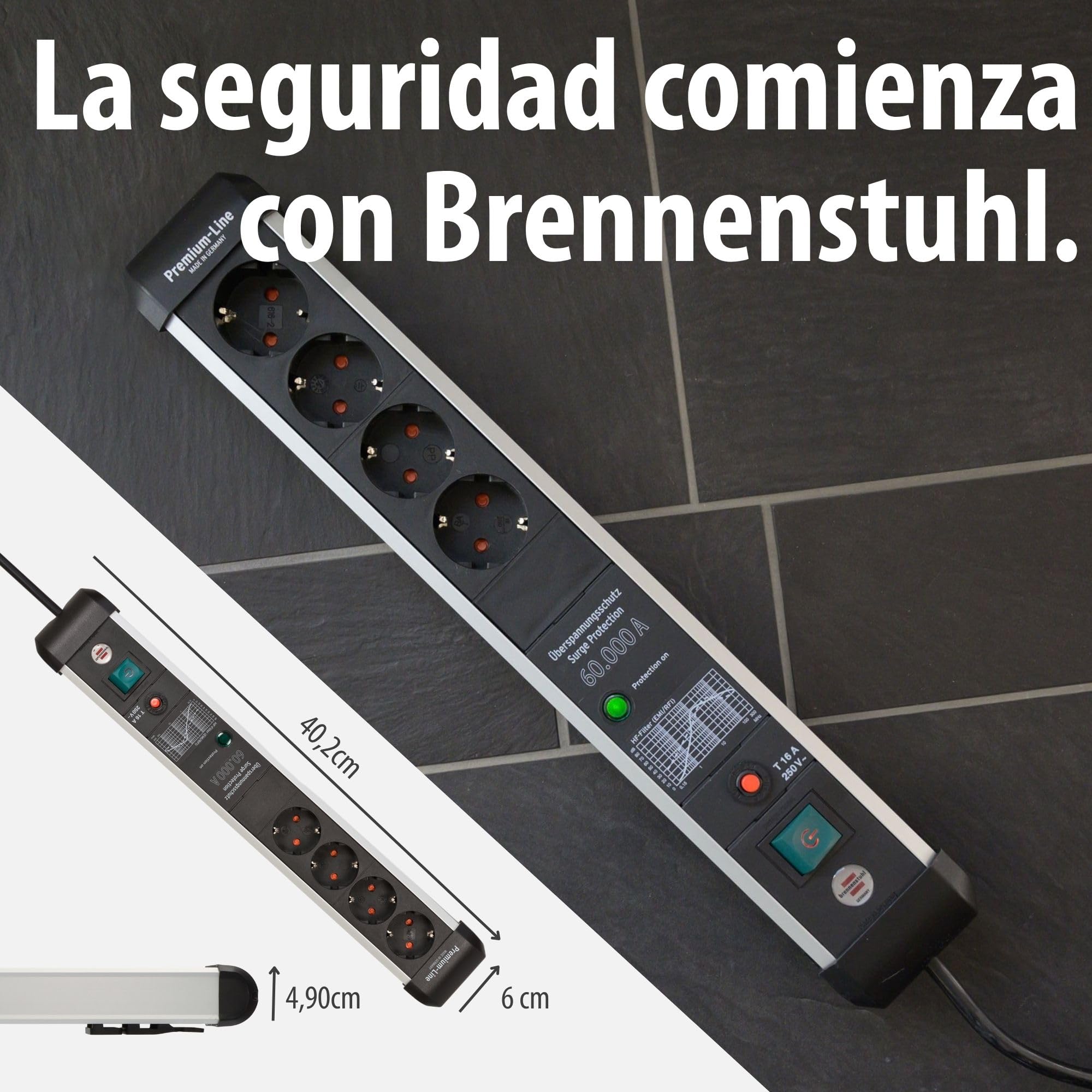 Brennenstuhl Premium-Protect-Line regleta enchufes de 4 Tomas con protección contra sobretensiones hasta 60.000 A (Cable de 3 m, Interruptor, Fabricado en Alemania) Plateado/Negro
